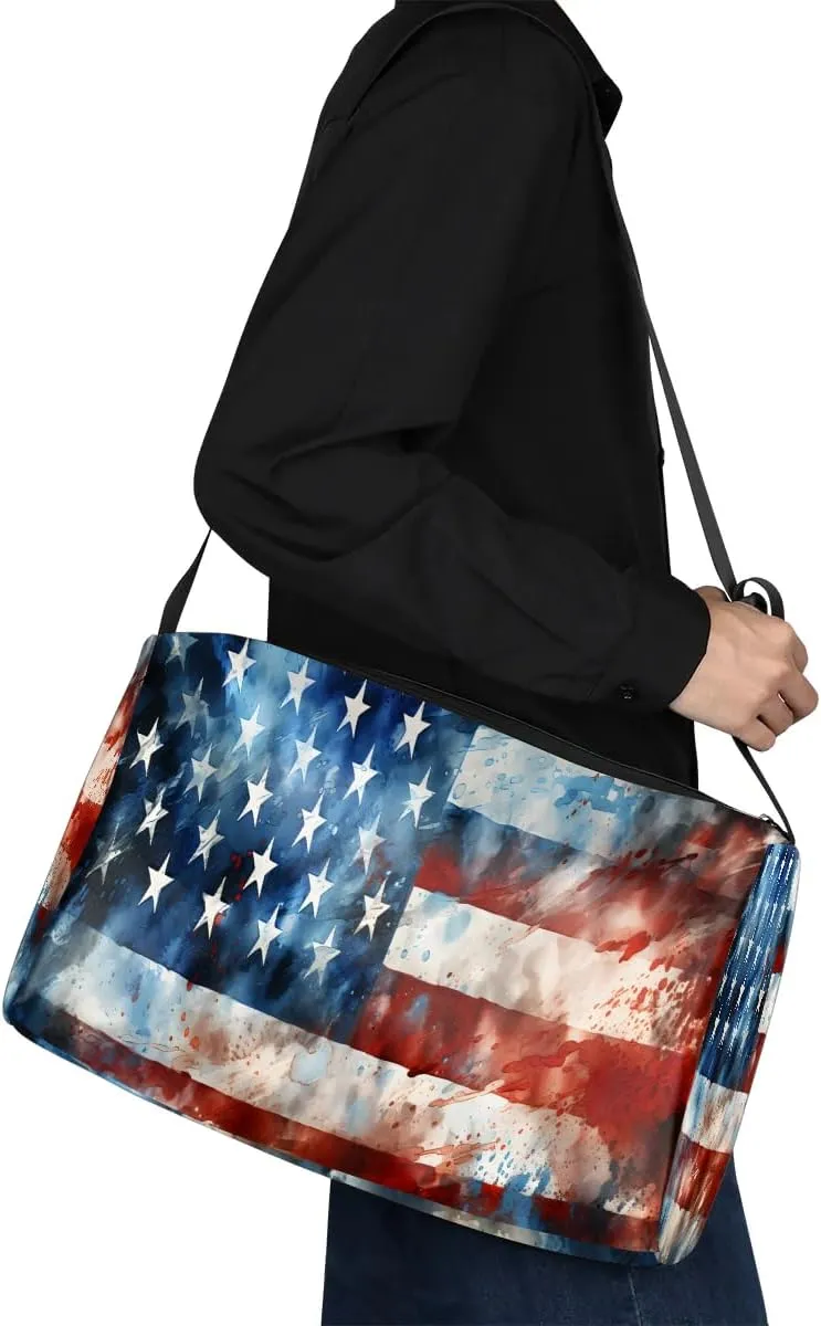 Gym Bags for Men 14.8 Inch Lightweight Carry On Bags for Airplanes Waterproof Duffle Bag for Travel, America Flag Retro Print