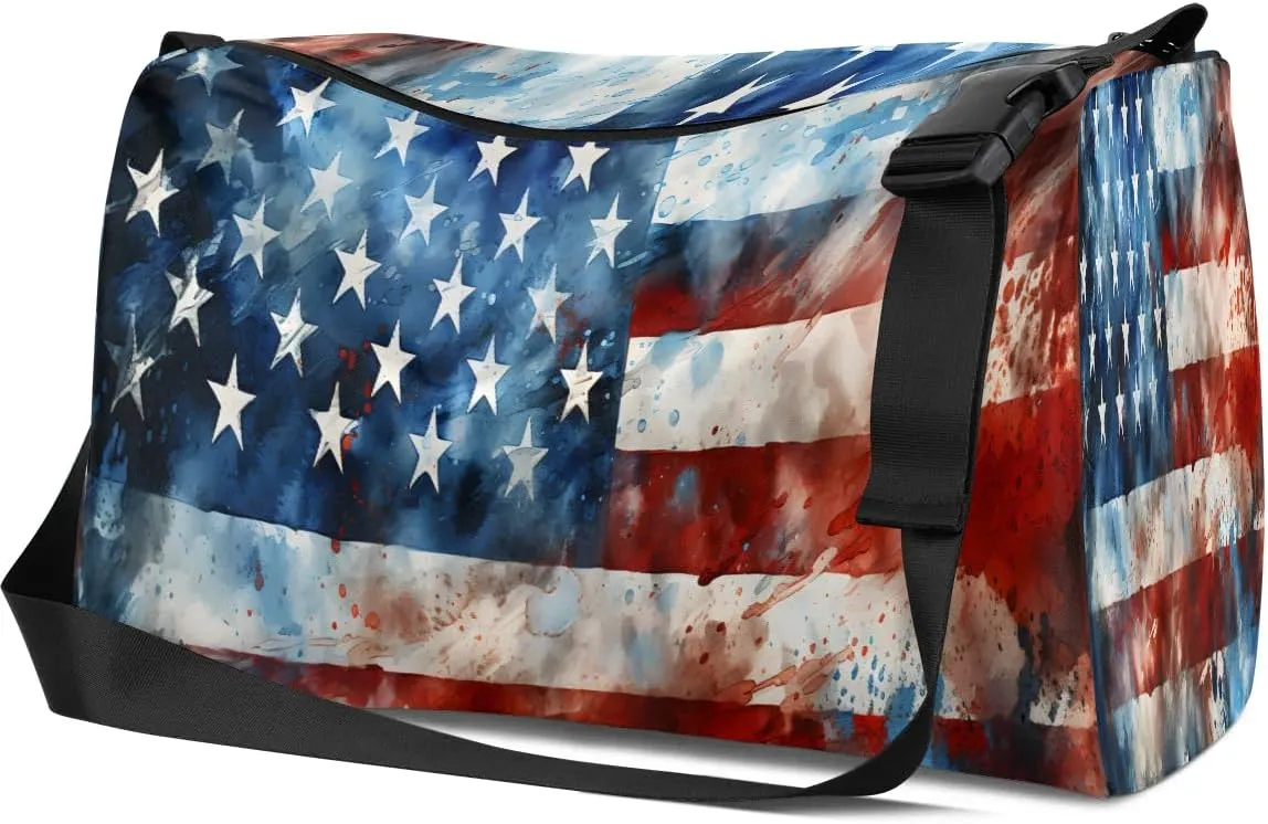 Gym Bags for Men 14.8 Inch Lightweight Carry On Bags for Airplanes Waterproof Duffle Bag for Travel, America Flag Retro Print
