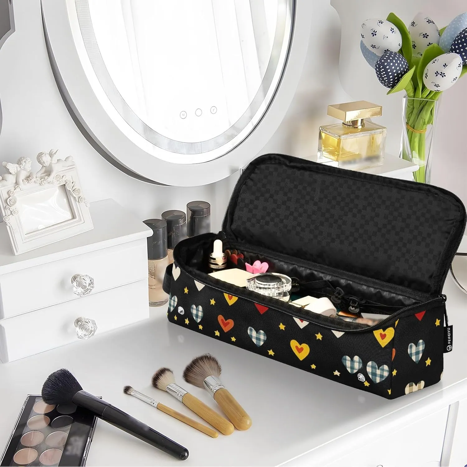 Hair Tools Travel Bag with Heat Resistant Mat Curling Iron Bag for Women Hair Tool Storage Case Straightener Flat Irons Hot Tools Travel Essentials Black Checkered Hearts