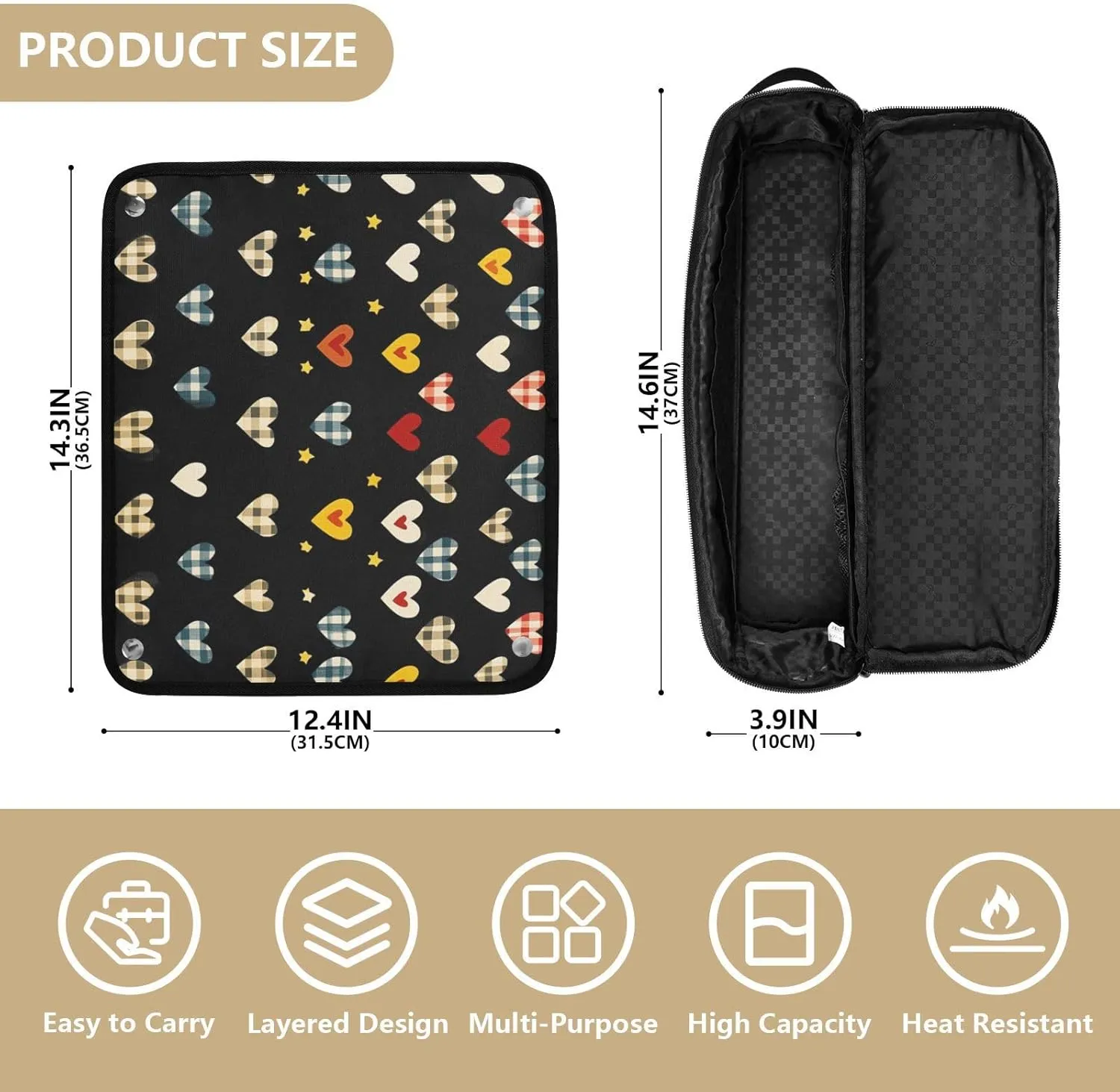Hair Tools Travel Bag with Heat Resistant Mat Curling Iron Bag for Women Hair Tool Storage Case Straightener Flat Irons Hot Tools Travel Essentials Black Checkered Hearts