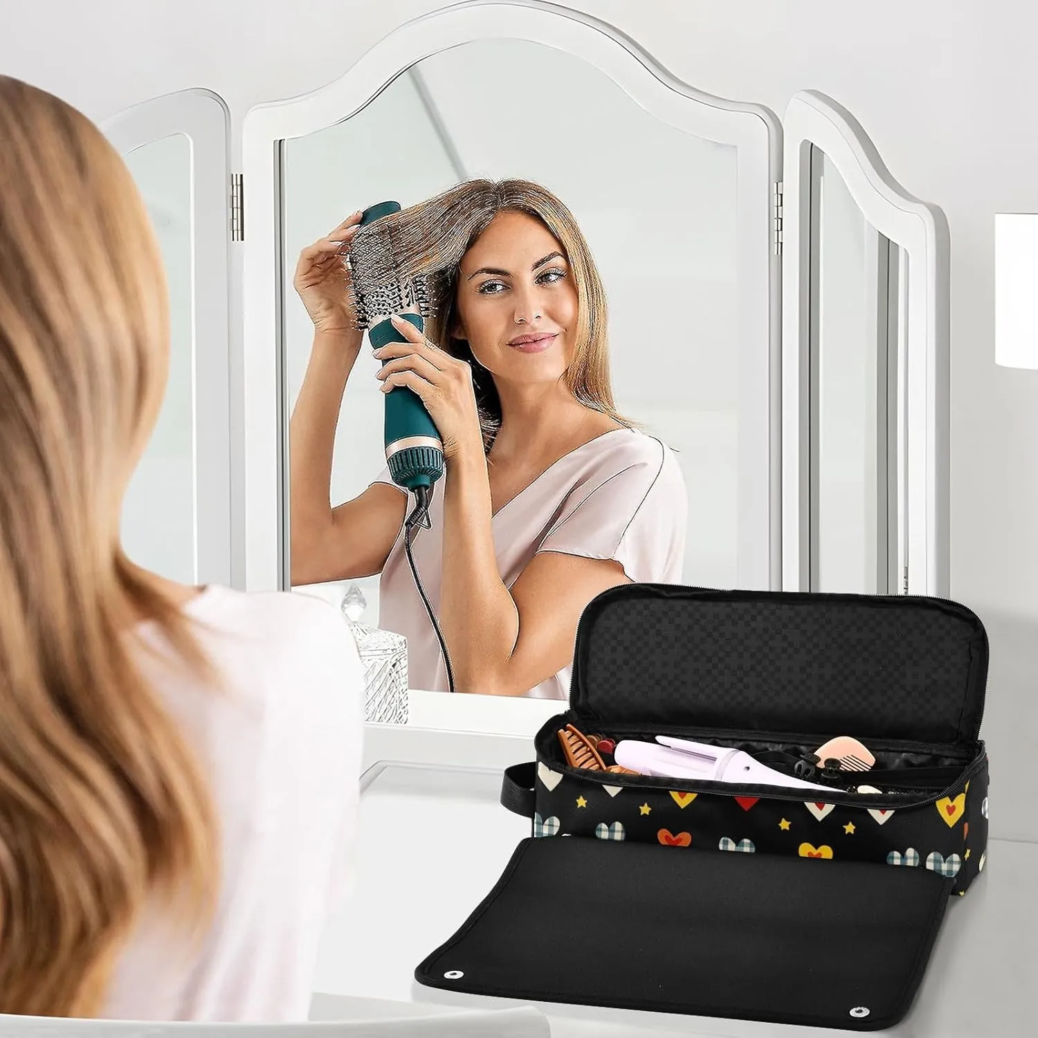 Hair Tools Travel Bag with Heat Resistant Mat Curling Iron Bag for Women Hair Tool Storage Case Straightener Flat Irons Hot Tools Travel Essentials Black Checkered Hearts