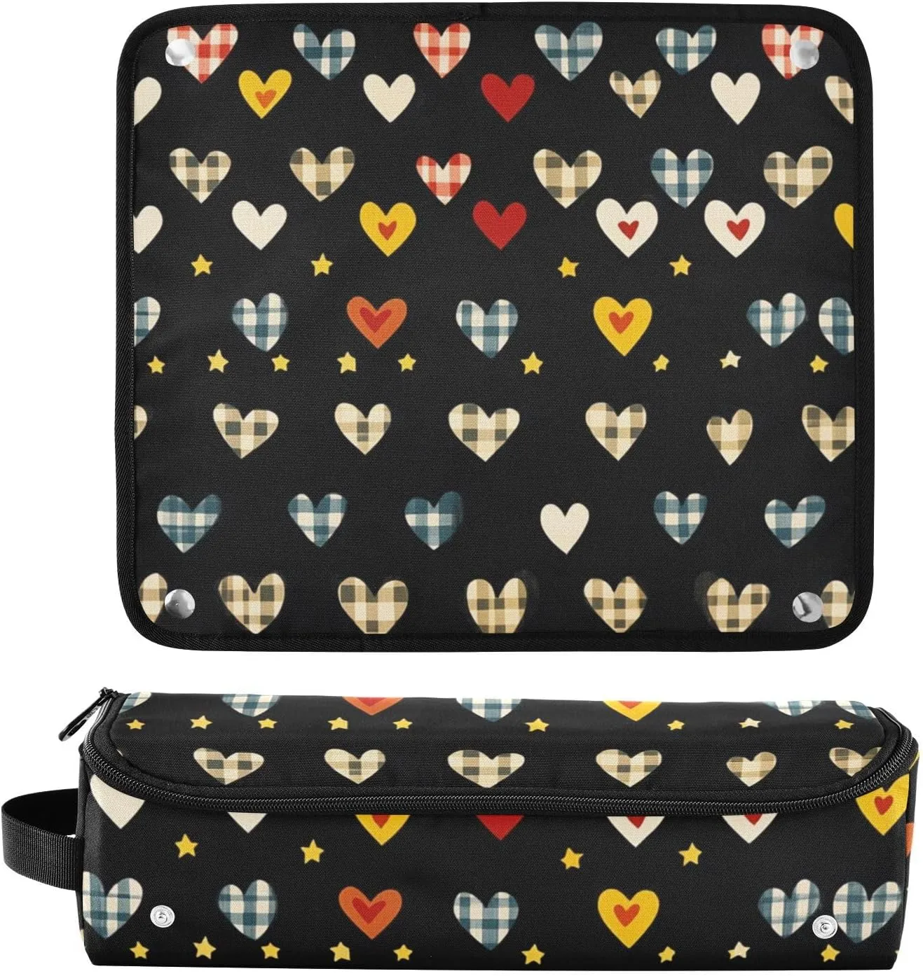 Hair Tools Travel Bag with Heat Resistant Mat Curling Iron Bag for Women Hair Tool Storage Case Straightener Flat Irons Hot Tools Travel Essentials Black Checkered Hearts