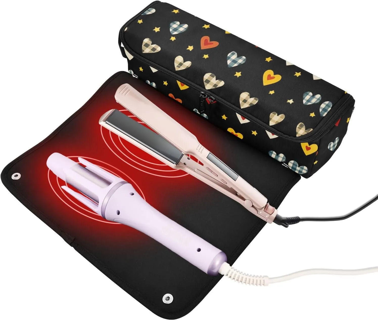 Hair Tools Travel Bag with Heat Resistant Mat Curling Iron Bag for Women Hair Tool Storage Case Straightener Flat Irons Hot Tools Travel Essentials Black Checkered Hearts