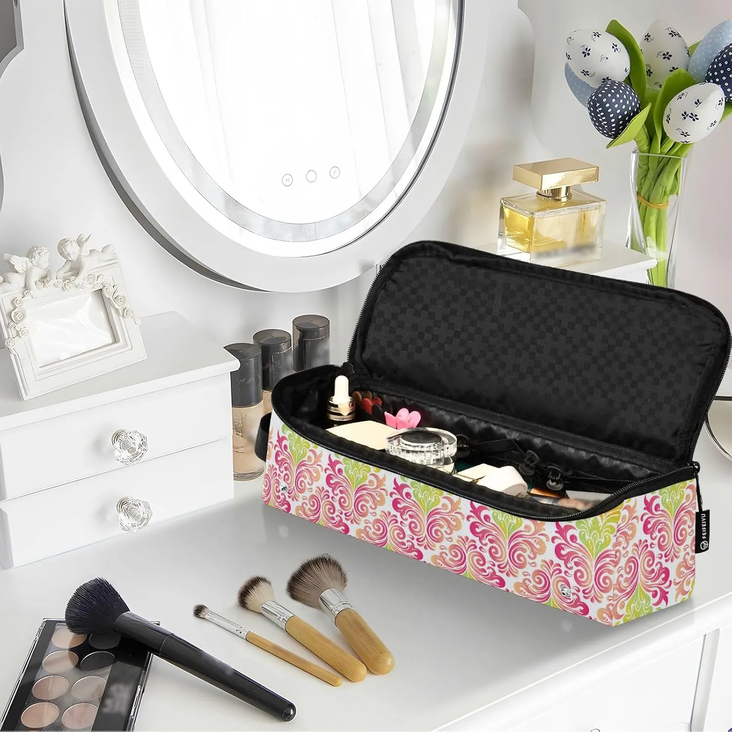 Hair Tools Travel Bag with Heat Resistant Mat Curling Iron Bag for Women Hair Tool Storage Case Straightener Flat Irons Hot Tools Travel Essentials Boho Floral Pink Roses