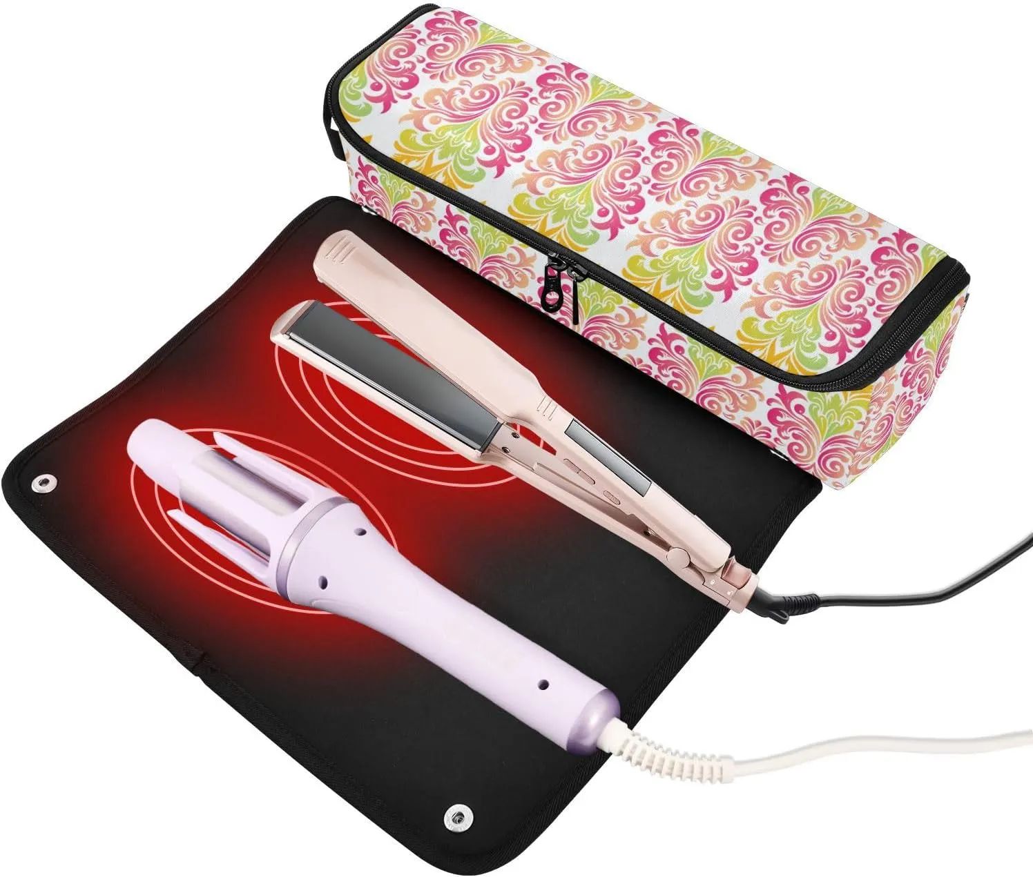 Hair Tools Travel Bag with Heat Resistant Mat Curling Iron Bag for Women Hair Tool Storage Case Straightener Flat Irons Hot Tools Travel Essentials Boho Floral Pink Roses