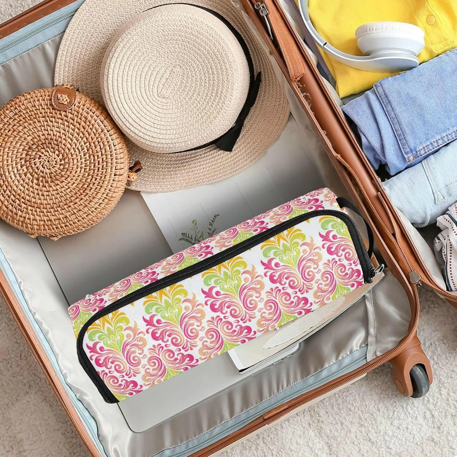 Hair Tools Travel Bag with Heat Resistant Mat Curling Iron Bag for Women Hair Tool Storage Case Straightener Flat Irons Hot Tools Travel Essentials Boho Floral Pink Roses