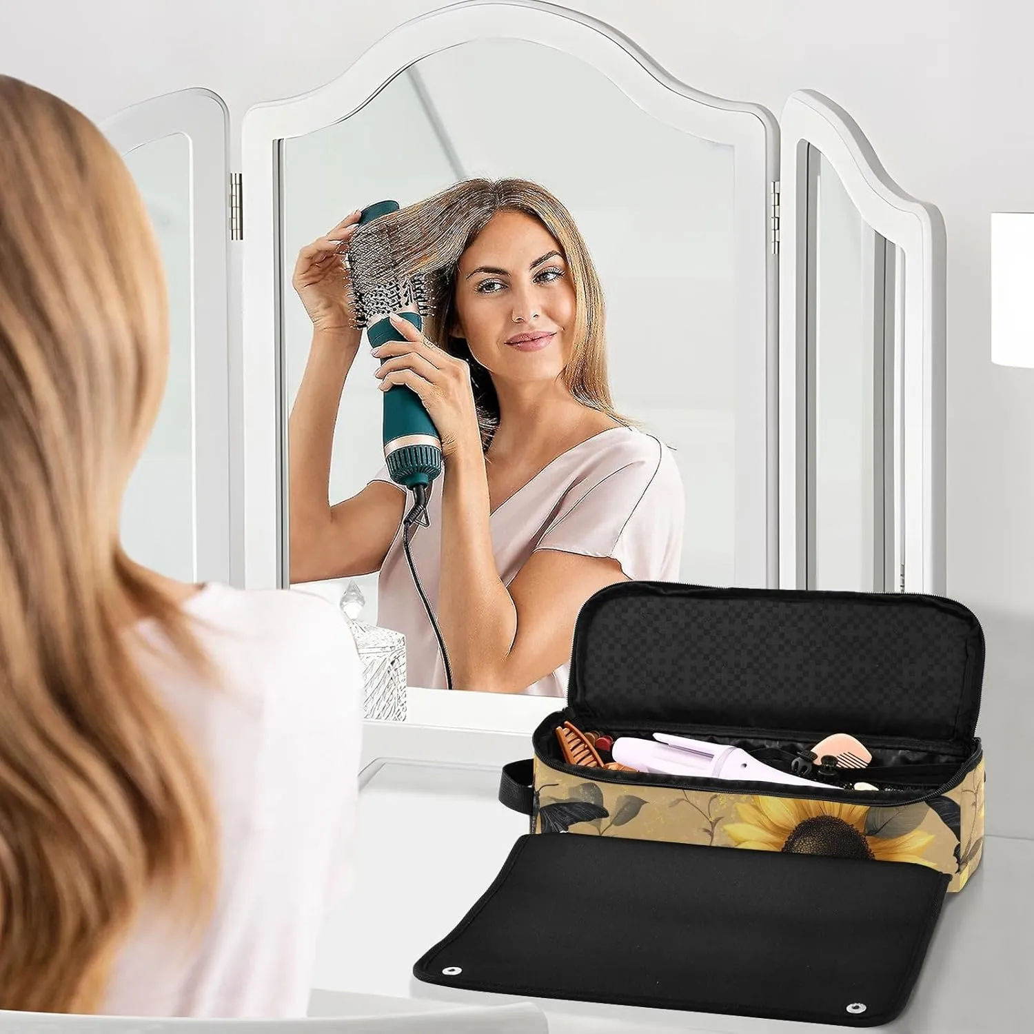 Hair Tools Travel Bag with Heat Resistant Mat Curling Iron Bag for Women Hair Tool Storage Case Straightener Flat Irons Hot Tools Travel Essentials Brown Sunflower