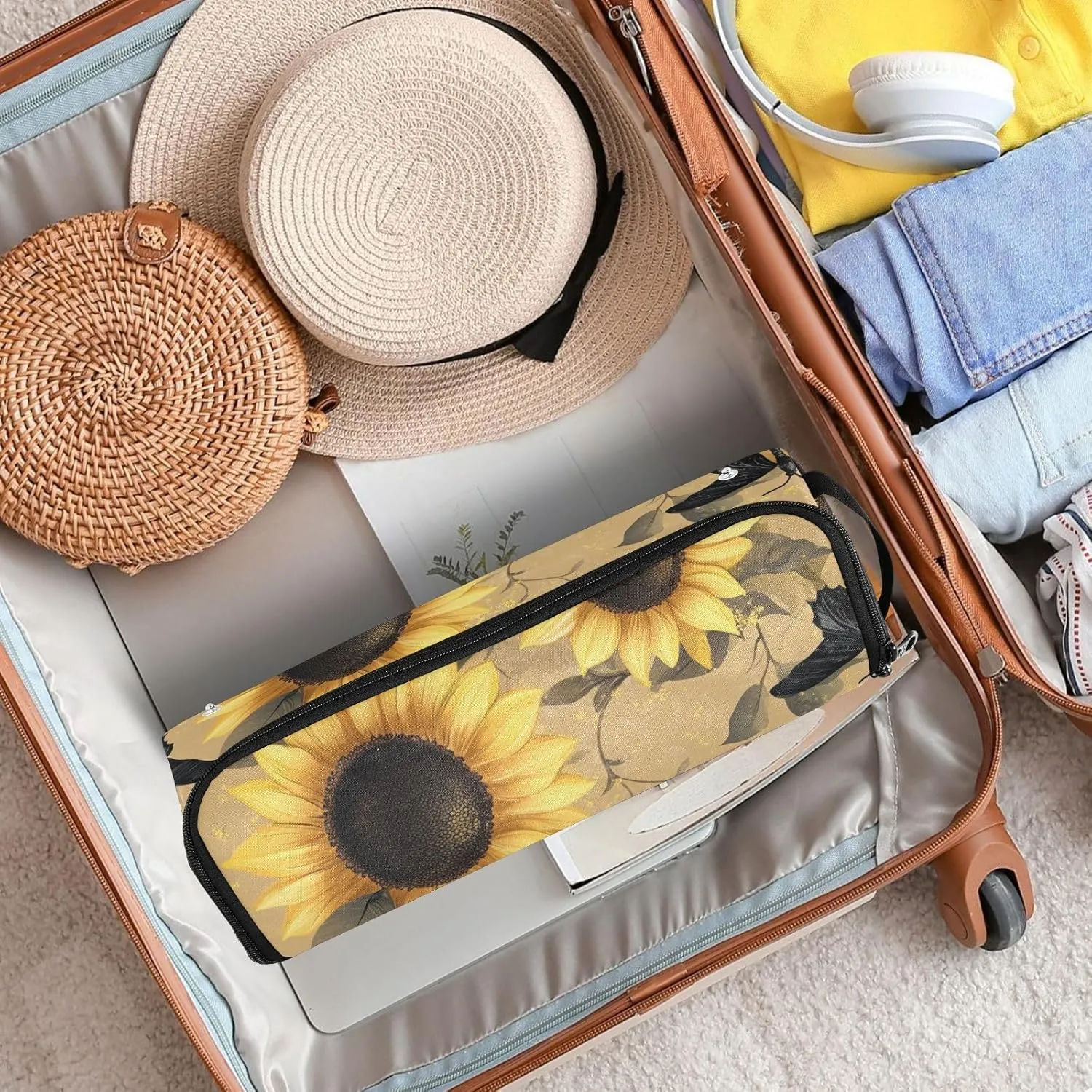 Hair Tools Travel Bag with Heat Resistant Mat Curling Iron Bag for Women Hair Tool Storage Case Straightener Flat Irons Hot Tools Travel Essentials Brown Sunflower