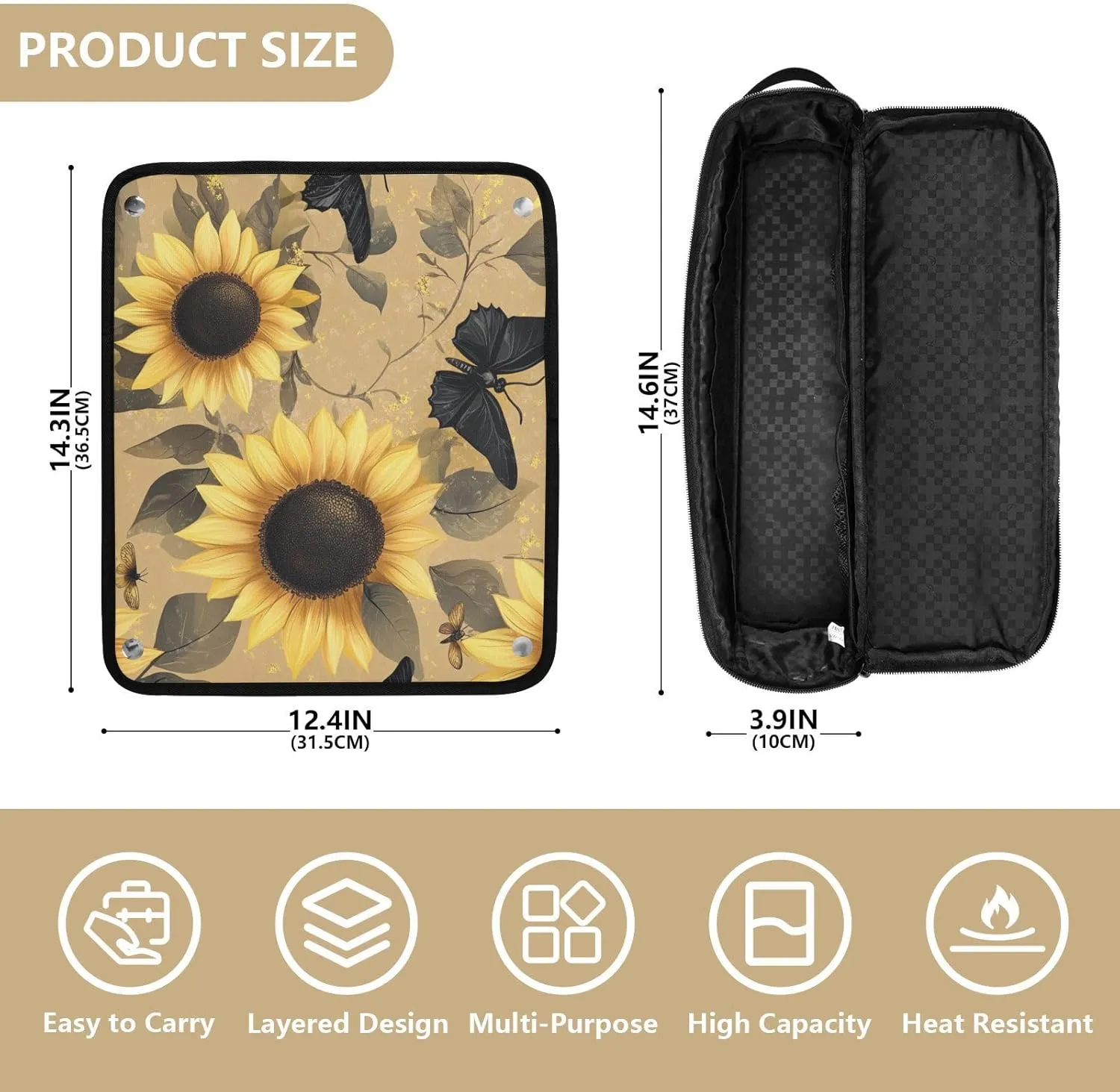 Hair Tools Travel Bag with Heat Resistant Mat Curling Iron Bag for Women Hair Tool Storage Case Straightener Flat Irons Hot Tools Travel Essentials Brown Sunflower