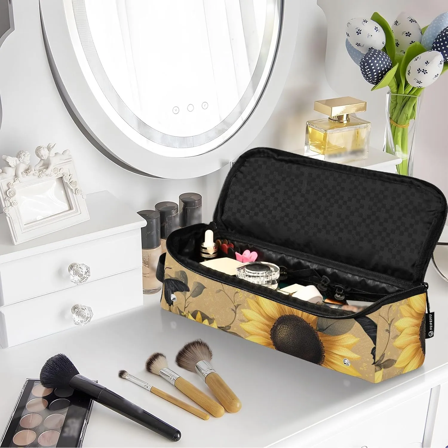 Hair Tools Travel Bag with Heat Resistant Mat Curling Iron Bag for Women Hair Tool Storage Case Straightener Flat Irons Hot Tools Travel Essentials Brown Sunflower