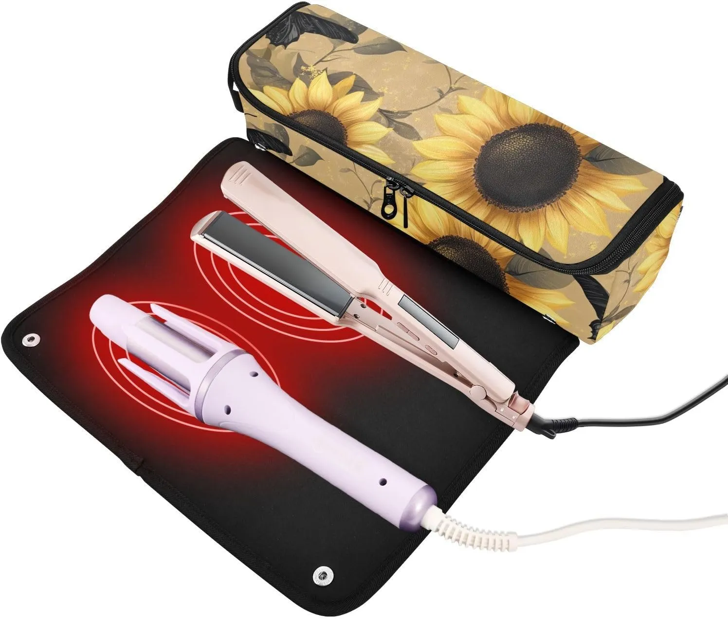 Hair Tools Travel Bag with Heat Resistant Mat Curling Iron Bag for Women Hair Tool Storage Case Straightener Flat Irons Hot Tools Travel Essentials Brown Sunflower