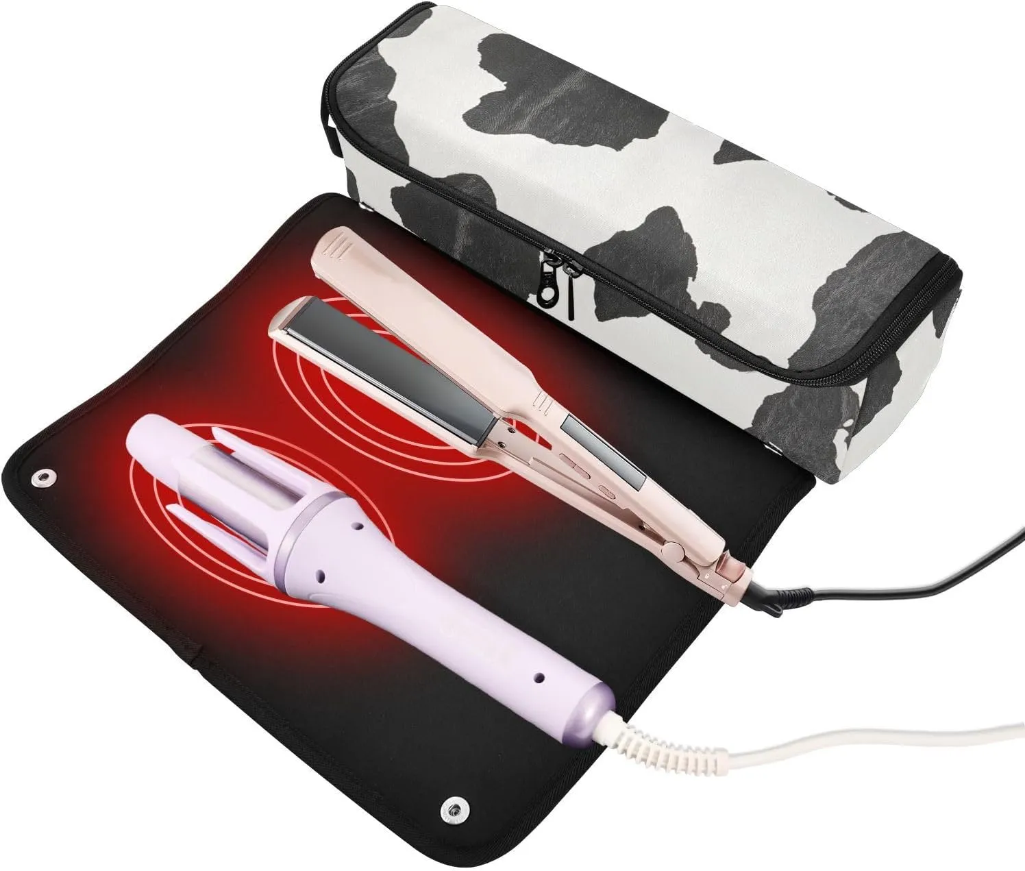 Hair Tools Travel Bag with Heat Resistant Mat Curling Iron Bag for Women Hair Tool Storage Case Straightener Flat Irons Hot Tools Travel Essentials Classic Cow Print