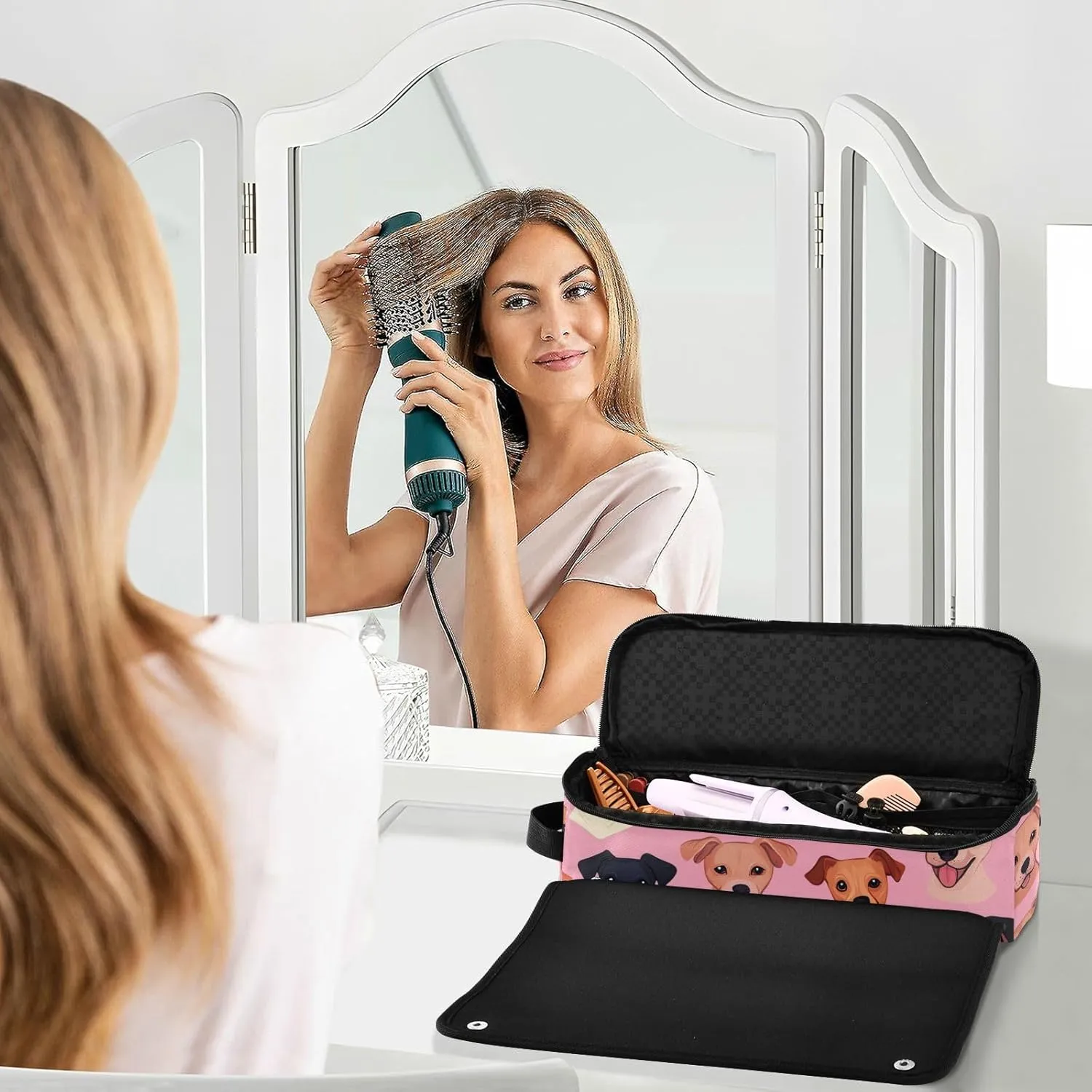Hair Tools Travel Bag with Heat Resistant Mat Curling Iron Bag for Women Hair Tool Storage Case Straightener Flat Irons Hot Tools Travel Essentials Pink Cute German Shorthair Indicator Dog