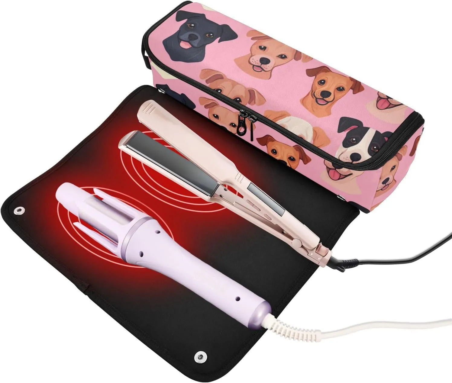 Hair Tools Travel Bag with Heat Resistant Mat Curling Iron Bag for Women Hair Tool Storage Case Straightener Flat Irons Hot Tools Travel Essentials Pink Cute German Shorthair Indicator Dog