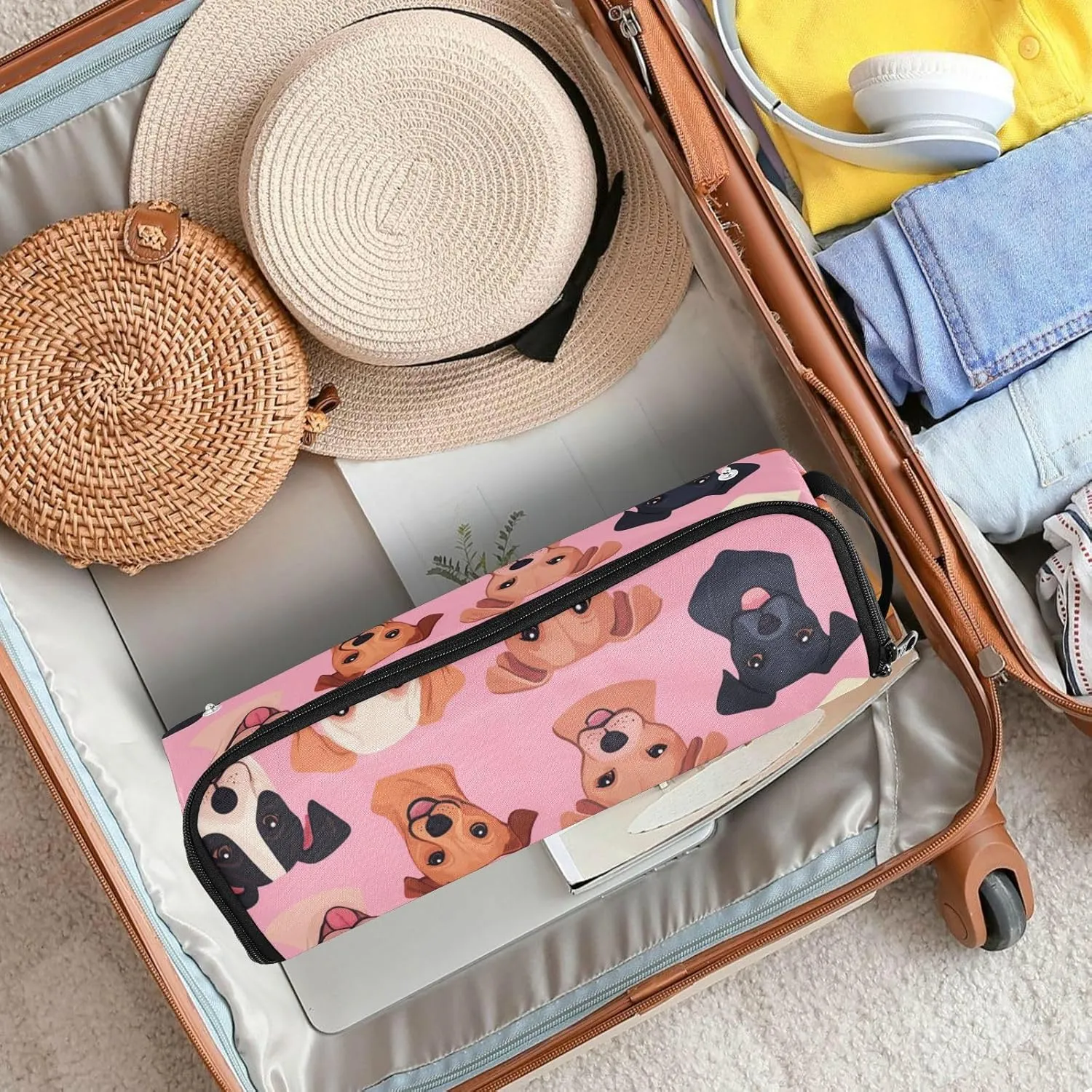 Hair Tools Travel Bag with Heat Resistant Mat Curling Iron Bag for Women Hair Tool Storage Case Straightener Flat Irons Hot Tools Travel Essentials Pink Cute German Shorthair Indicator Dog