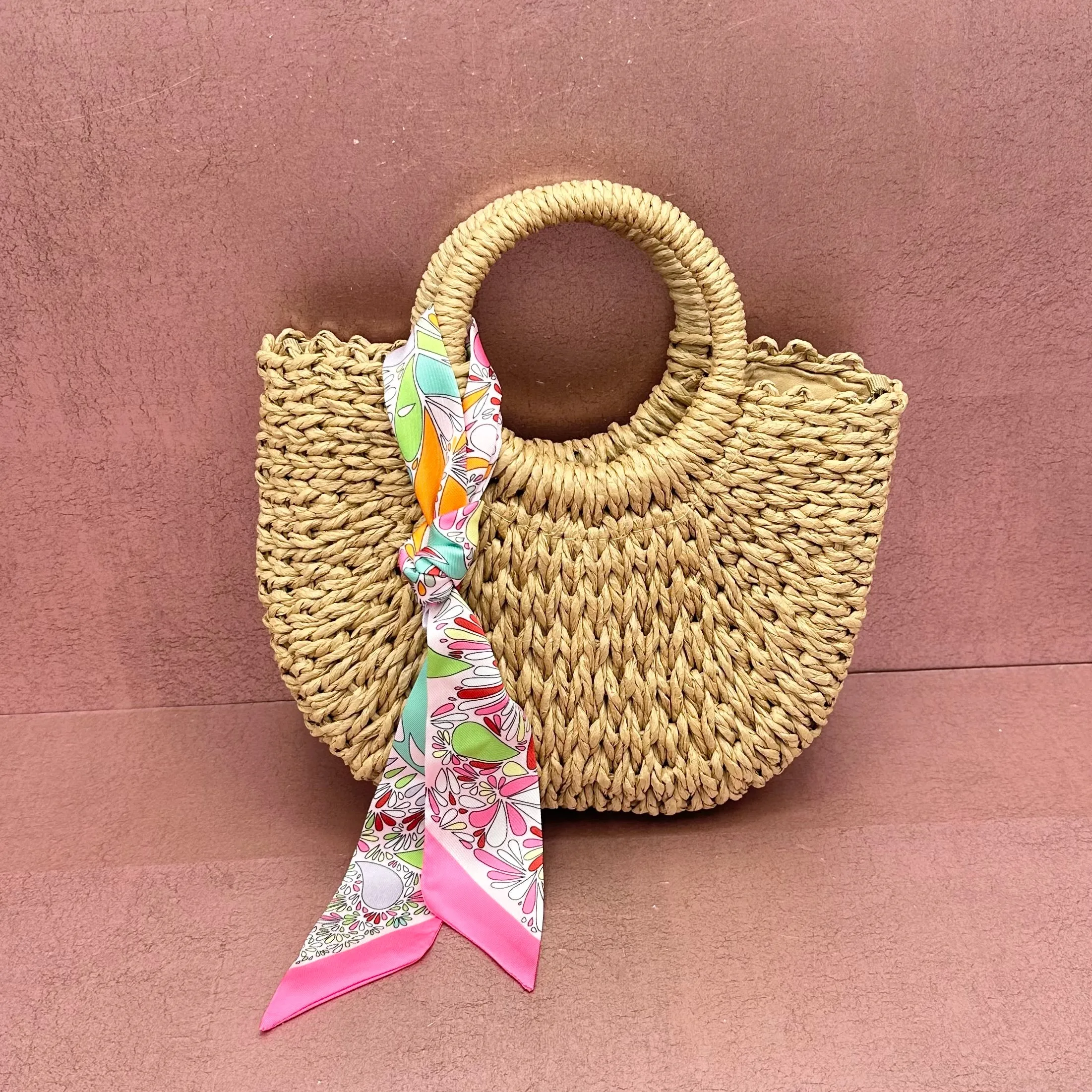 Half Round Woven Straw Purse