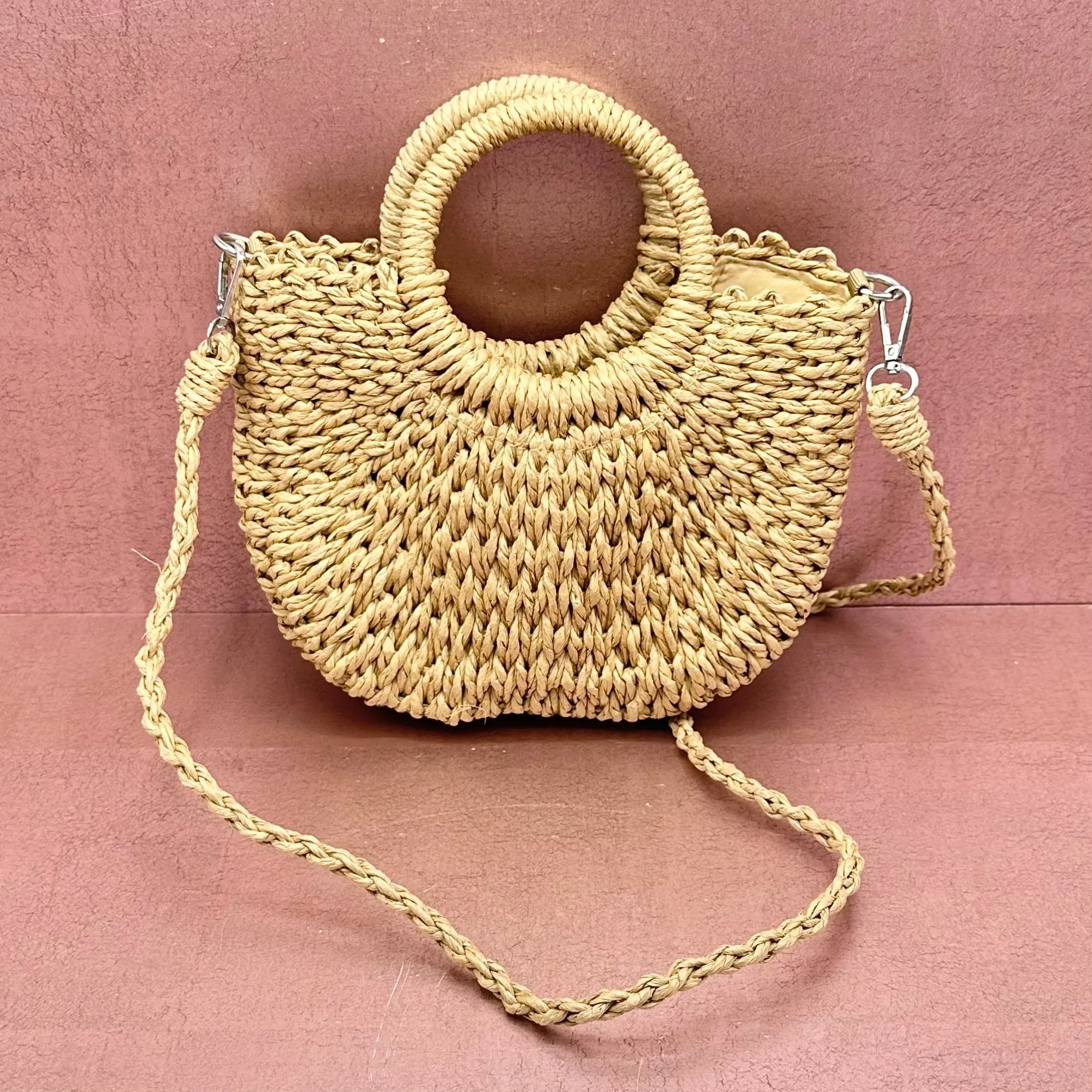 Half Round Woven Straw Purse