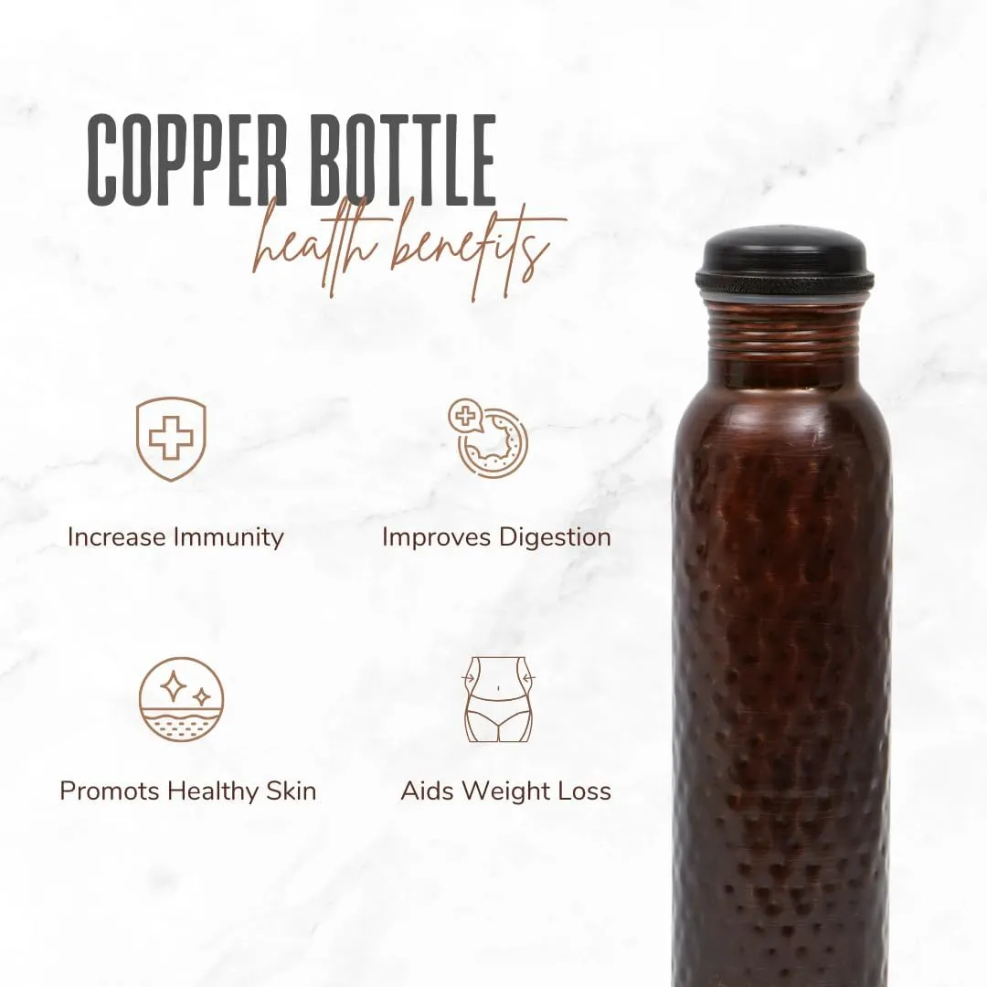 Hammered Copper Bottle Yoga Ayurvedic Water Bottle, Leak-Proof Copper Vessel Cleaning Brush and Canvas Bag, Joint-Free 100% Pure Copper Water Bottle for Drinking, Thermos, 32 Oz Blac
