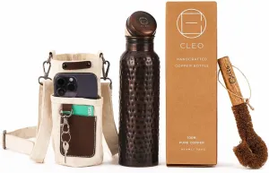 Hammered Copper Bottle Yoga Ayurvedic Water Bottle, Leak-Proof Copper Vessel Cleaning Brush and Canvas Bag, Joint-Free 100% Pure Copper Water Bottle for Drinking, Thermos, 32 Oz Blac