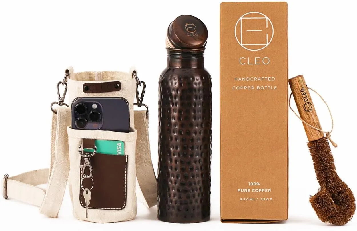 Hammered Copper Bottle Yoga Ayurvedic Water Bottle, Leak-Proof Copper Vessel Cleaning Brush and Canvas Bag, Joint-Free 100% Pure Copper Water Bottle for Drinking, Thermos, 32 Oz Blac