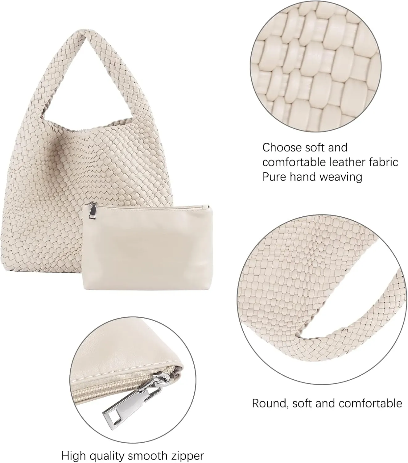 Hand Woven Tote for Women - Vegan Leather Handle Handbag, Travel Shoulder Bag, Hobo and Beach Bag With Purse