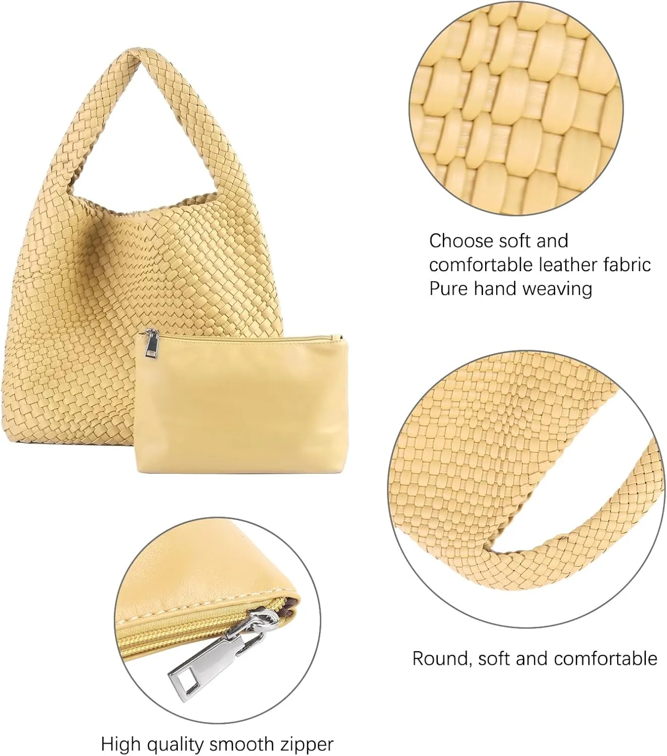 Hand Woven Tote for Women - Vegan Leather Handle Handbag, Travel Shoulder Bag, Hobo and Beach Bag With Purse