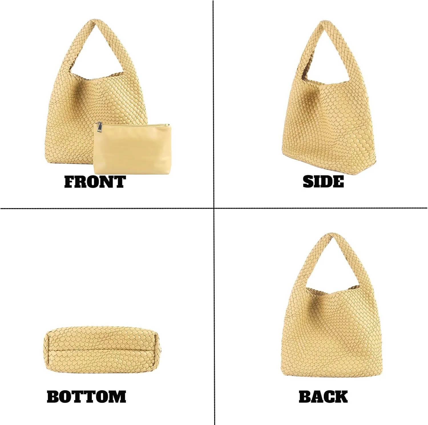 Hand Woven Tote for Women - Vegan Leather Handle Handbag, Travel Shoulder Bag, Hobo and Beach Bag With Purse