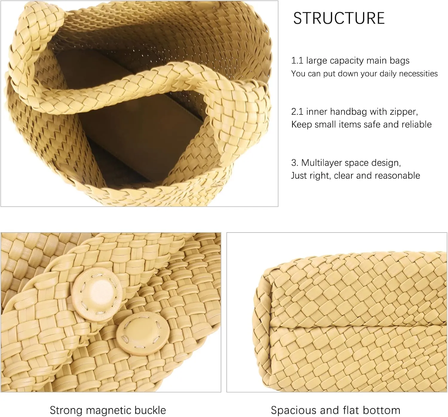 Hand Woven Tote for Women - Vegan Leather Handle Handbag, Travel Shoulder Bag, Hobo and Beach Bag With Purse