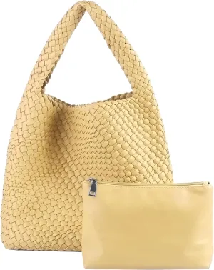 Hand Woven Tote for Women - Vegan Leather Handle Handbag, Travel Shoulder Bag, Hobo and Beach Bag With Purse