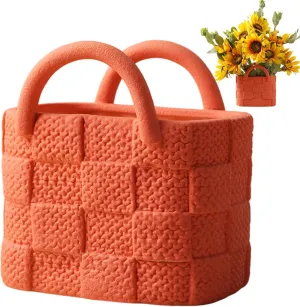Handbag Vase Rustic Ceramic Woven Texture Purse Vase with Handle DIY Friendly Decorative 4.53x4.92 Flower Pot for Home, Office, Hotel, Cafe