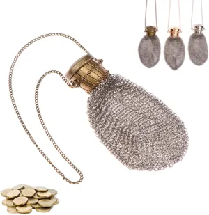 Handmade 1920's English Coin Purse - Vintage Chainmail Double Mesh Metal Wallet with Twist Lid Gate Top, Rare Collectible Antique Silver Accessory, Funky Travel Coin Holder (bronze-colored)