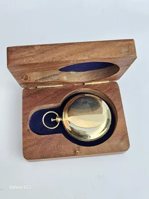 Handmade Brass Navigation Compass with Wooden Box Push Open Compass Antique Brass Sun Clock for Trekking Adventure Travel Gift for Hiking