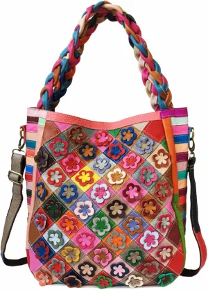 Handmade Cowhide Multi-color Block Random Stitching Unique Style Women's Bag - Crossbody, Shoulder and Handheld