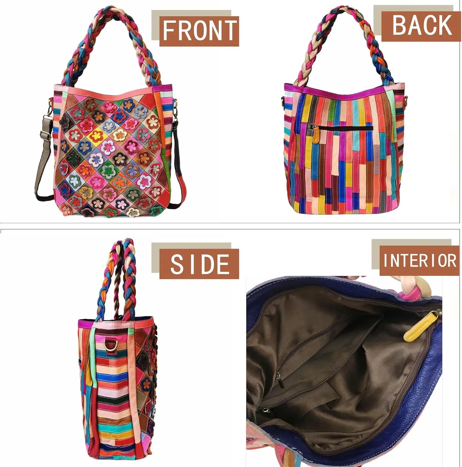 Handmade Cowhide Multi-color Block Random Stitching Unique Style Women's Bag - Crossbody, Shoulder and Handheld