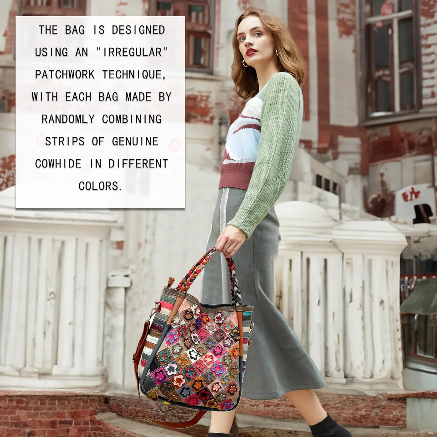 Handmade Cowhide Multi-color Block Random Stitching Unique Style Women's Bag - Crossbody, Shoulder and Handheld