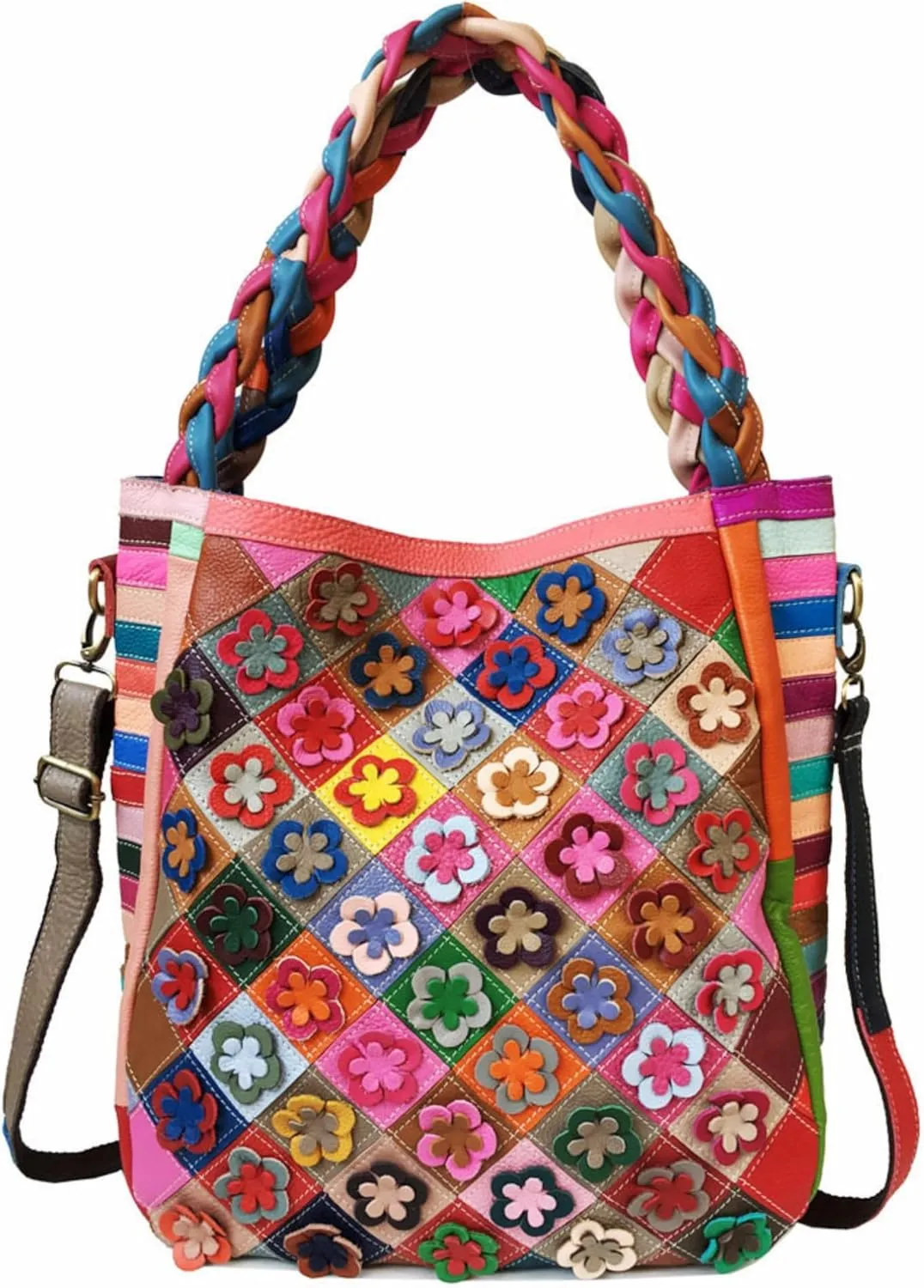 Handmade Cowhide Multi-color Block Random Stitching Unique Style Women's Bag - Crossbody, Shoulder and Handheld