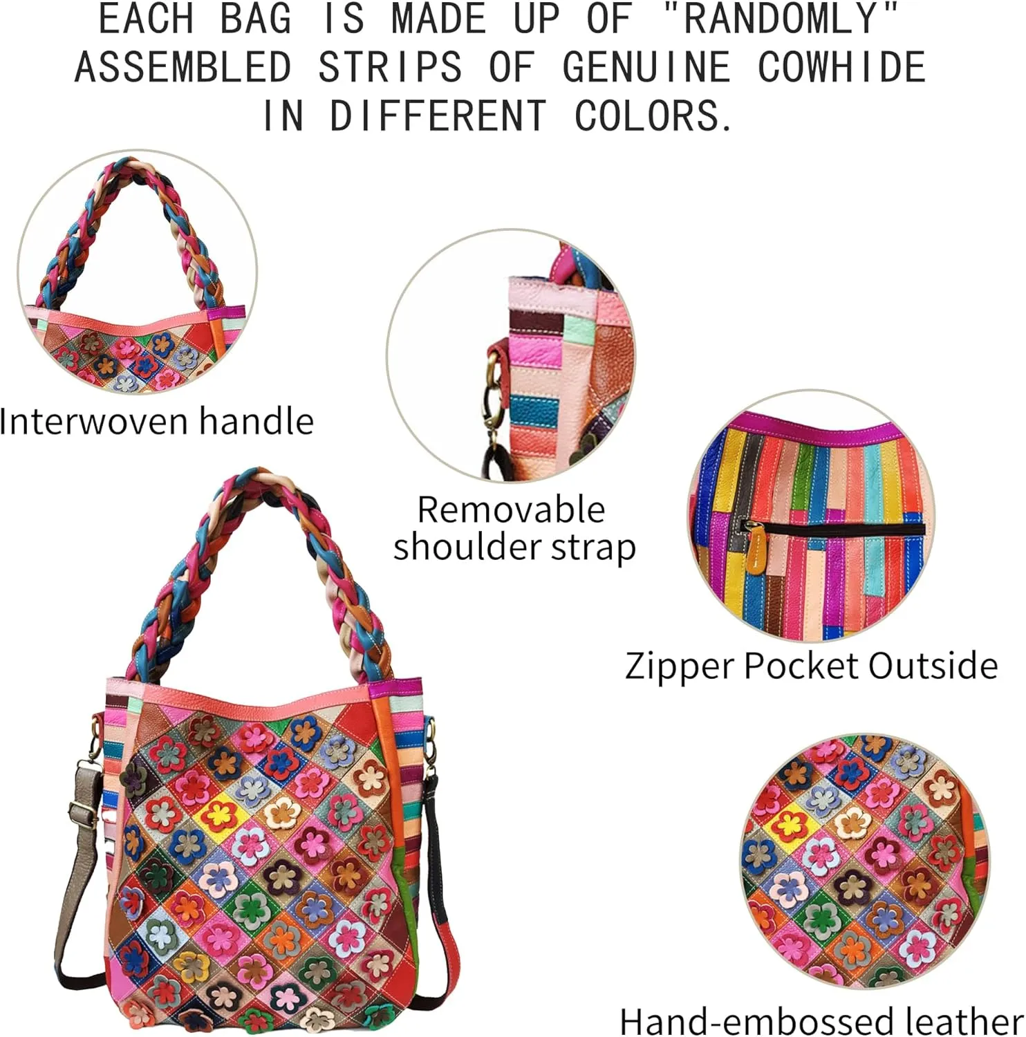 Handmade Cowhide Multi-color Block Random Stitching Unique Style Women's Bag - Crossbody, Shoulder and Handheld