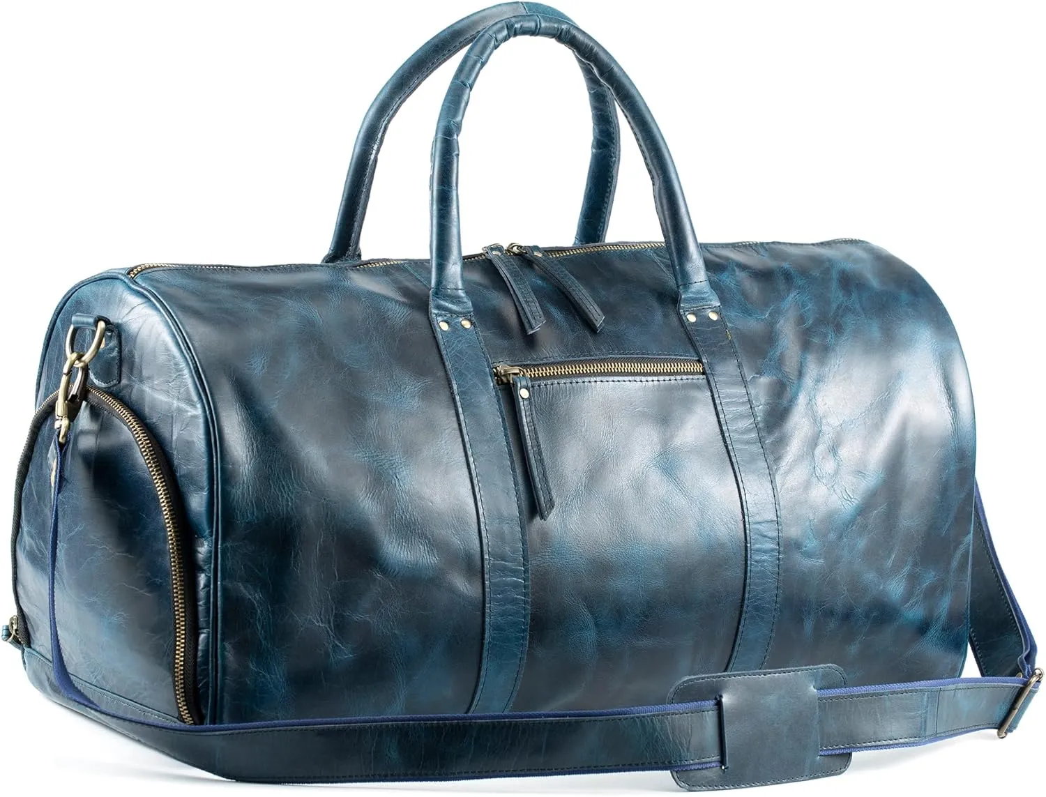 Handmade World Leather Travel Duffel Bag with Shoes Compartment For Men Women 'The Dapper' Weekender Overnight Gym Sports Luggage Duffle Bags (Blue)