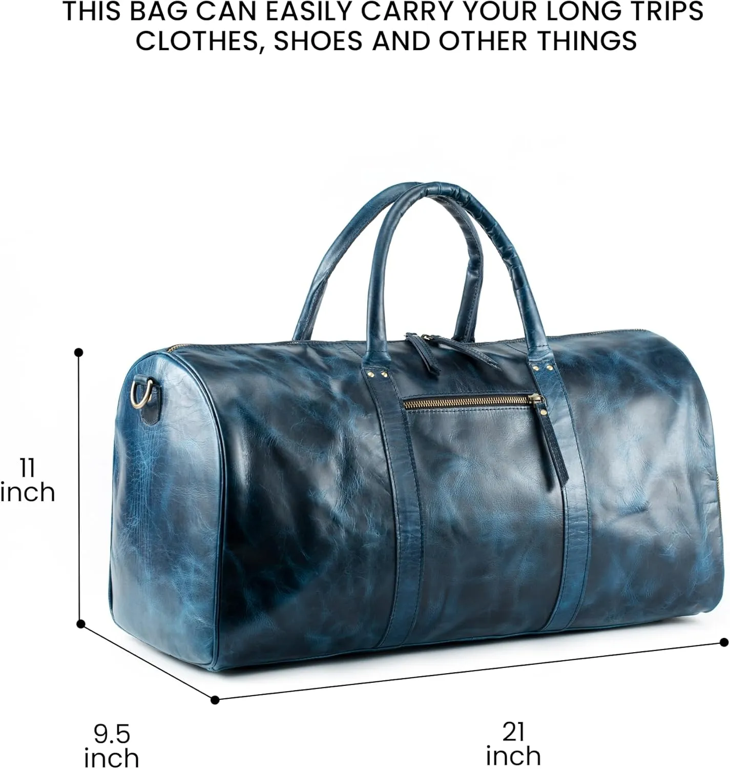 Handmade World Leather Travel Duffel Bag with Shoes Compartment For Men Women 'The Dapper' Weekender Overnight Gym Sports Luggage Duffle Bags (Blue)