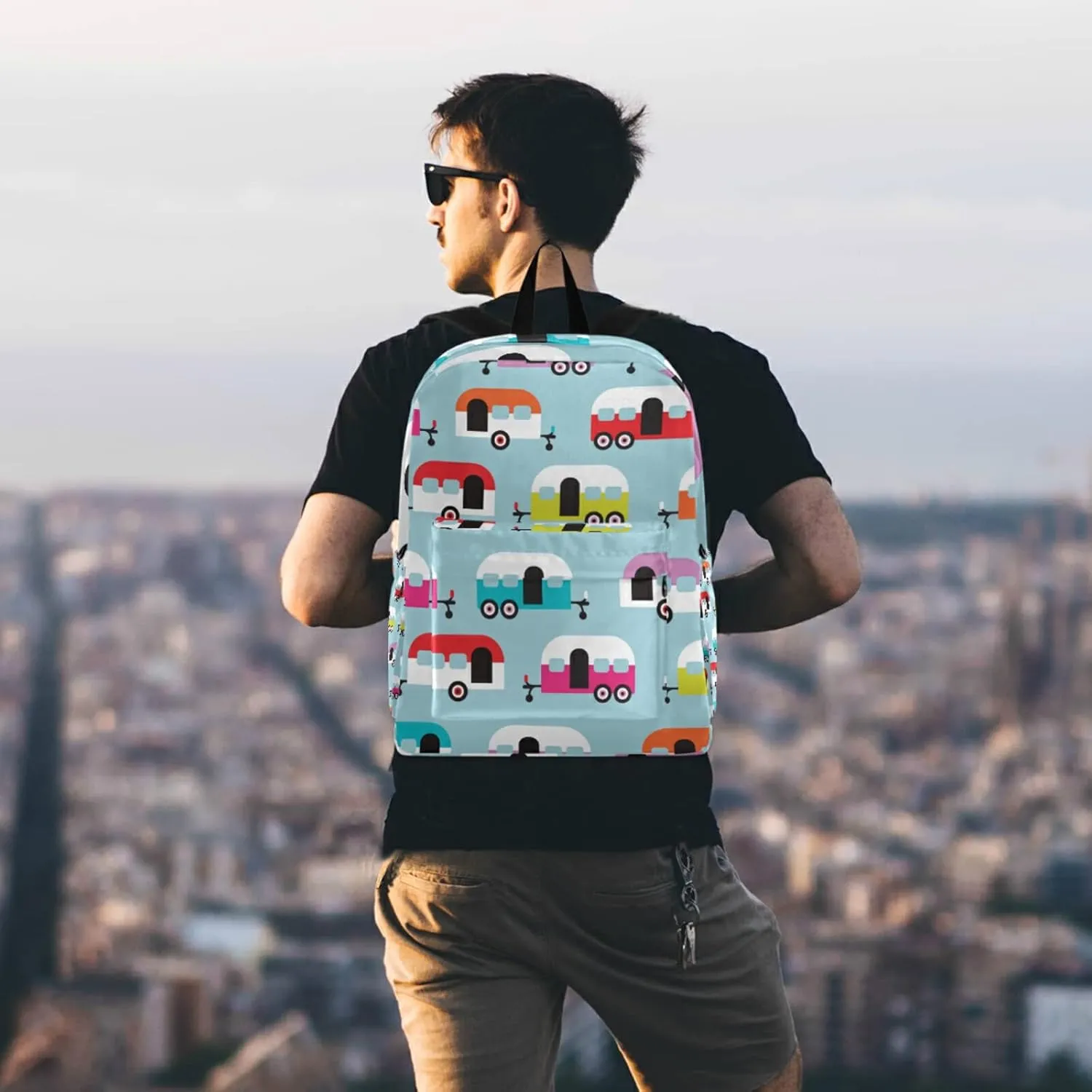 Happy Camper Caravan Backpack, Travel Rucksack Lightweight School Bookbag Daypack for Adults Teen Students Boys Girls