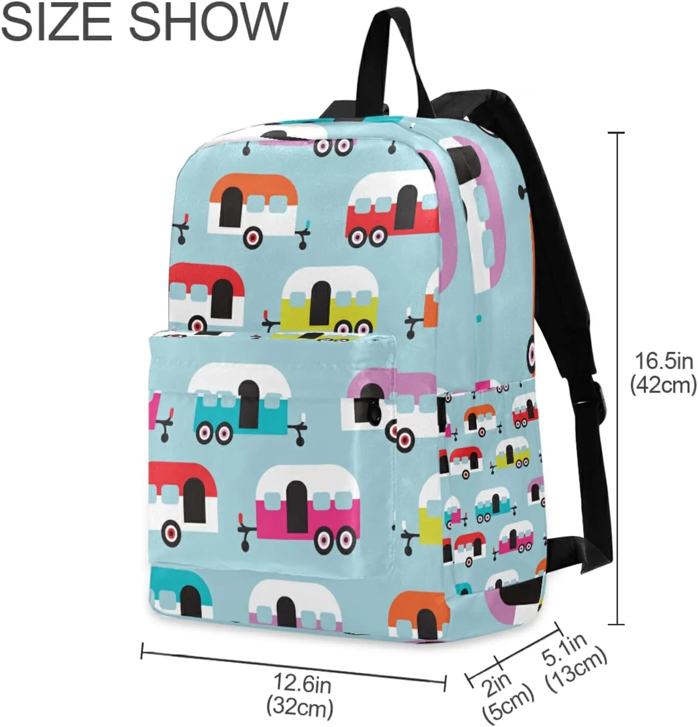 Happy Camper Caravan Backpack, Travel Rucksack Lightweight School Bookbag Daypack for Adults Teen Students Boys Girls