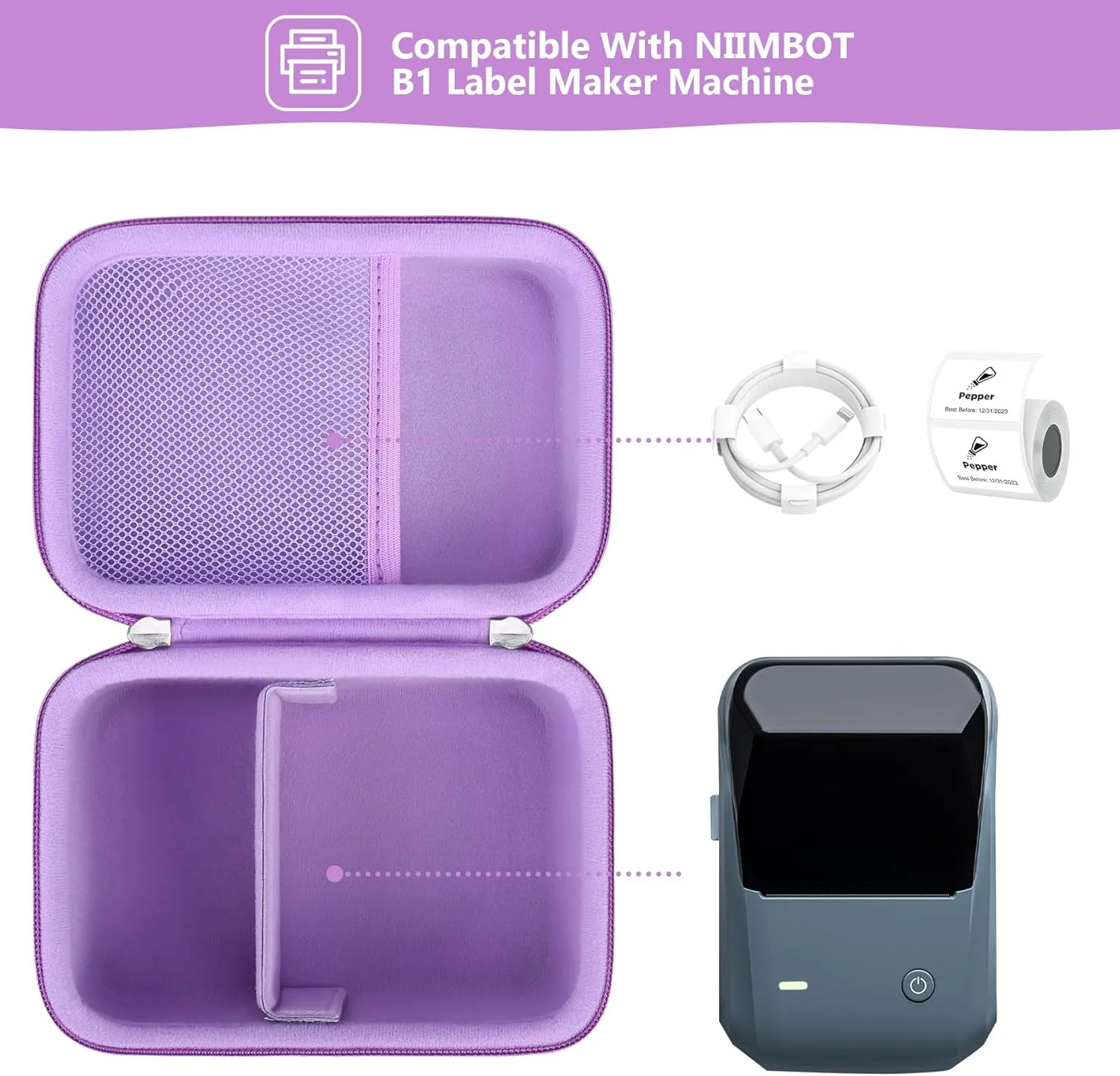 Hard Carrying Case for NIIMBOT B1 Label Maker Machine, Thermal Label Printer Storage Travel Holder fit Label Tape, Charging Cable, User Manual, Purple