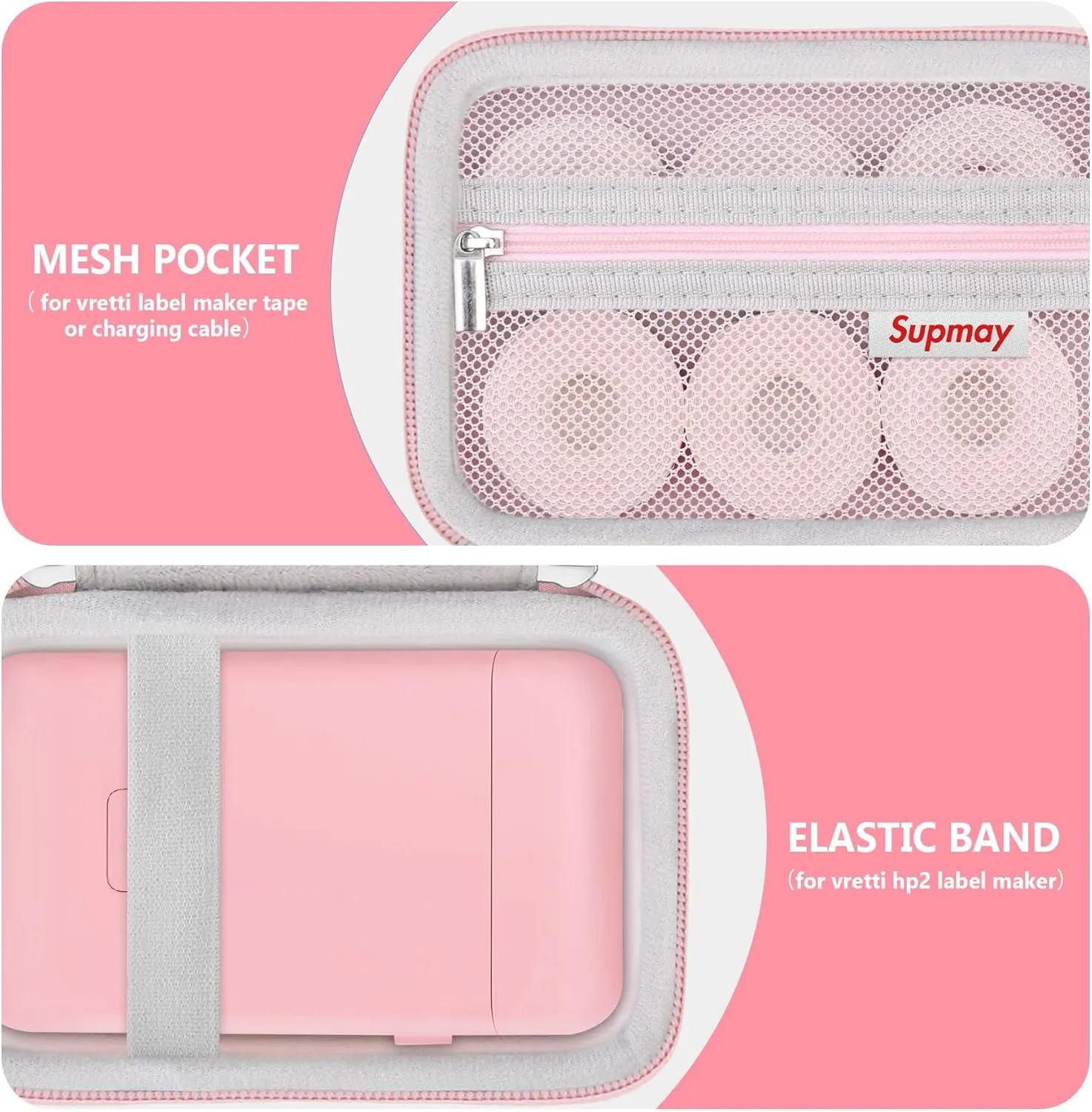Hard Carrying Case for vretti/LFPERT Label Maker Machine, HP2 Portable Bluetooth Label Printer Storage Holder Travel Bag with Mesh Pocket for Tapes, Charging Cable, Pink