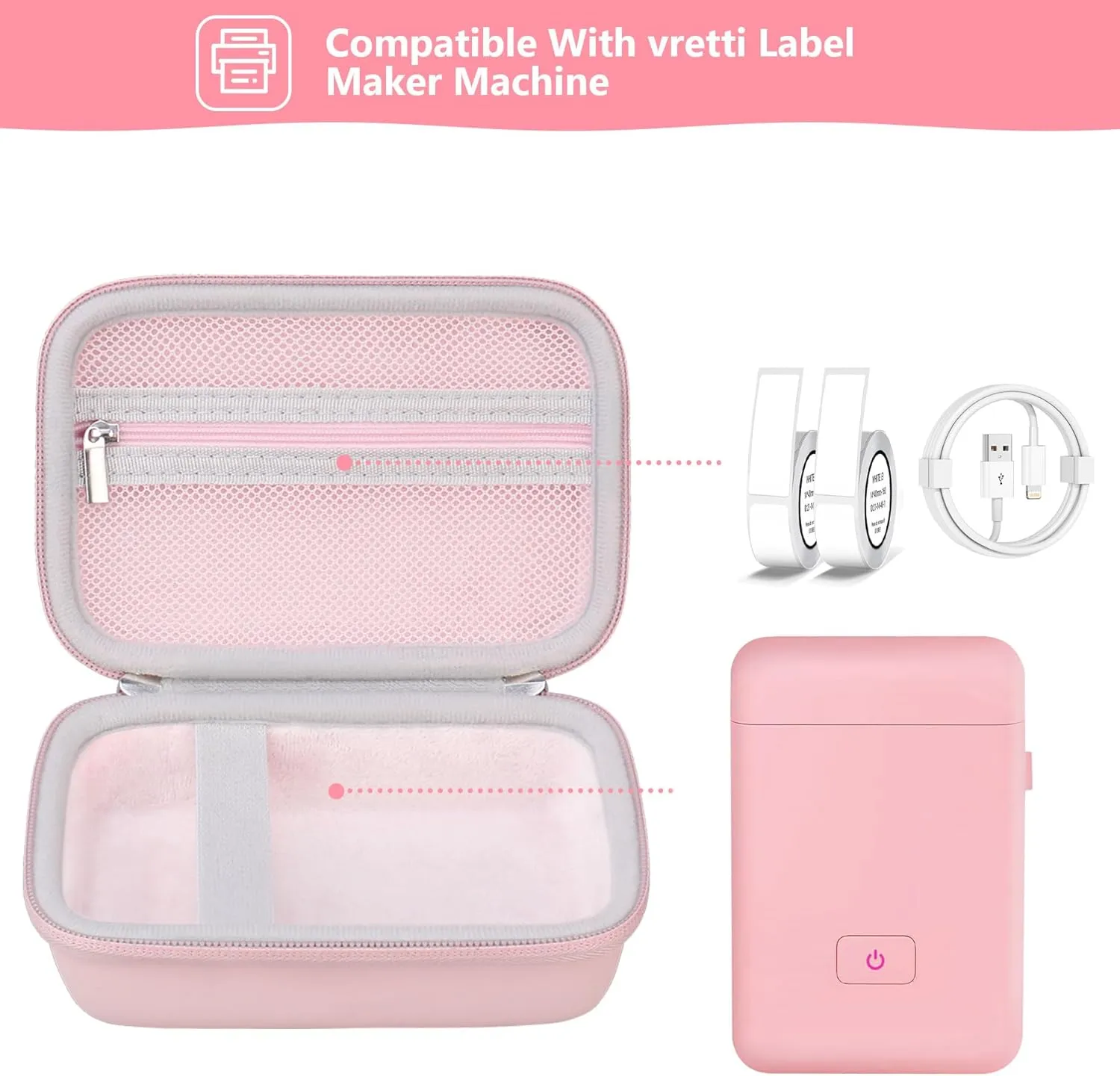 Hard Carrying Case for vretti/LFPERT Label Maker Machine, HP2 Portable Bluetooth Label Printer Storage Holder Travel Bag with Mesh Pocket for Tapes, Charging Cable, Pink
