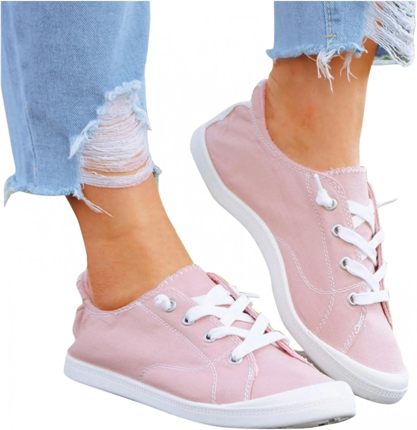 Hbeylia Low Top Canvas Shoes For Women Lady Girls Casual Soft Comfort Lace Up Fashion Sneakers Slip On Flats Walking Driving Running Outdoor Sports Shoes For Students