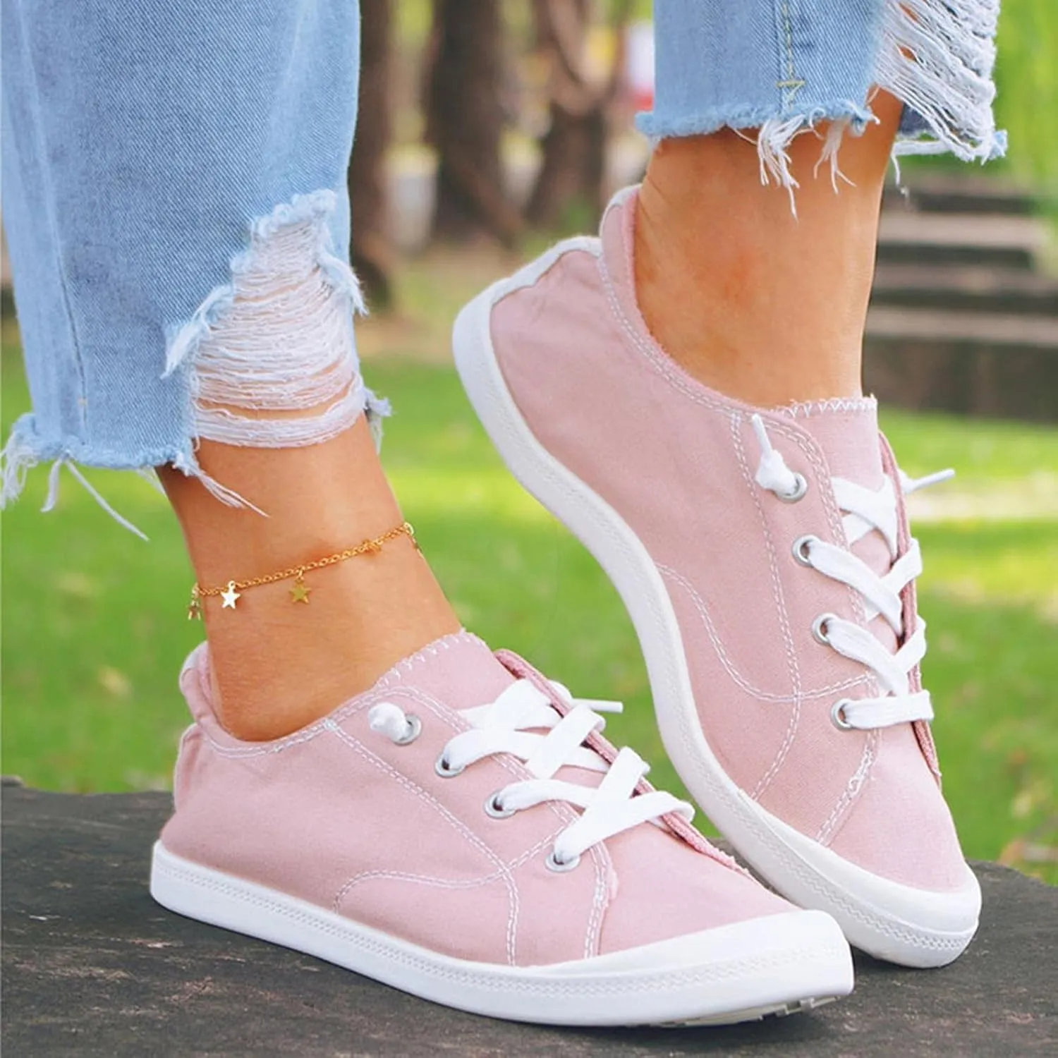 Hbeylia Low Top Canvas Shoes For Women Lady Girls Casual Soft Comfort Lace Up Fashion Sneakers Slip On Flats Walking Driving Running Outdoor Sports Shoes For Students