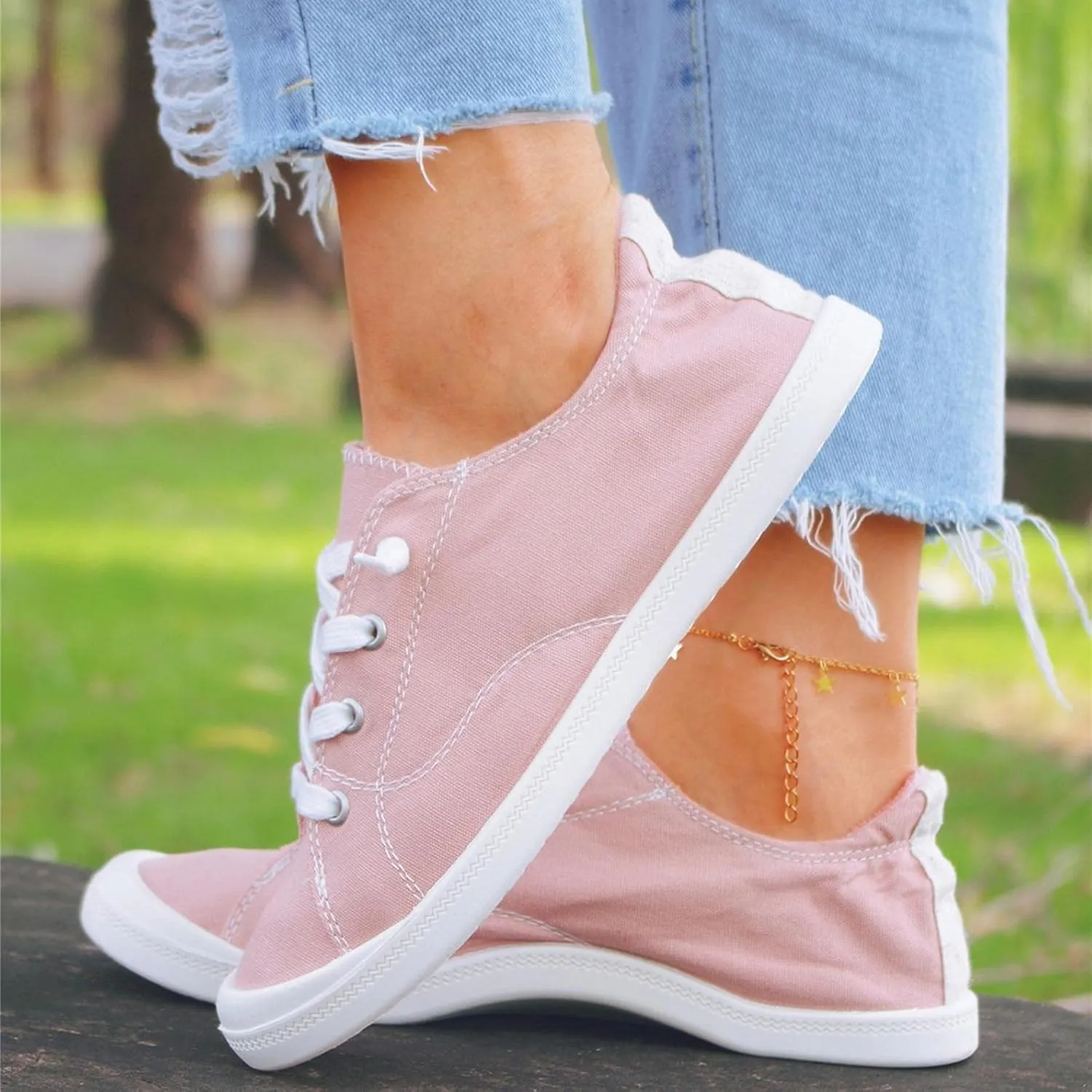 Hbeylia Low Top Canvas Shoes For Women Lady Girls Casual Soft Comfort Lace Up Fashion Sneakers Slip On Flats Walking Driving Running Outdoor Sports Shoes For Students