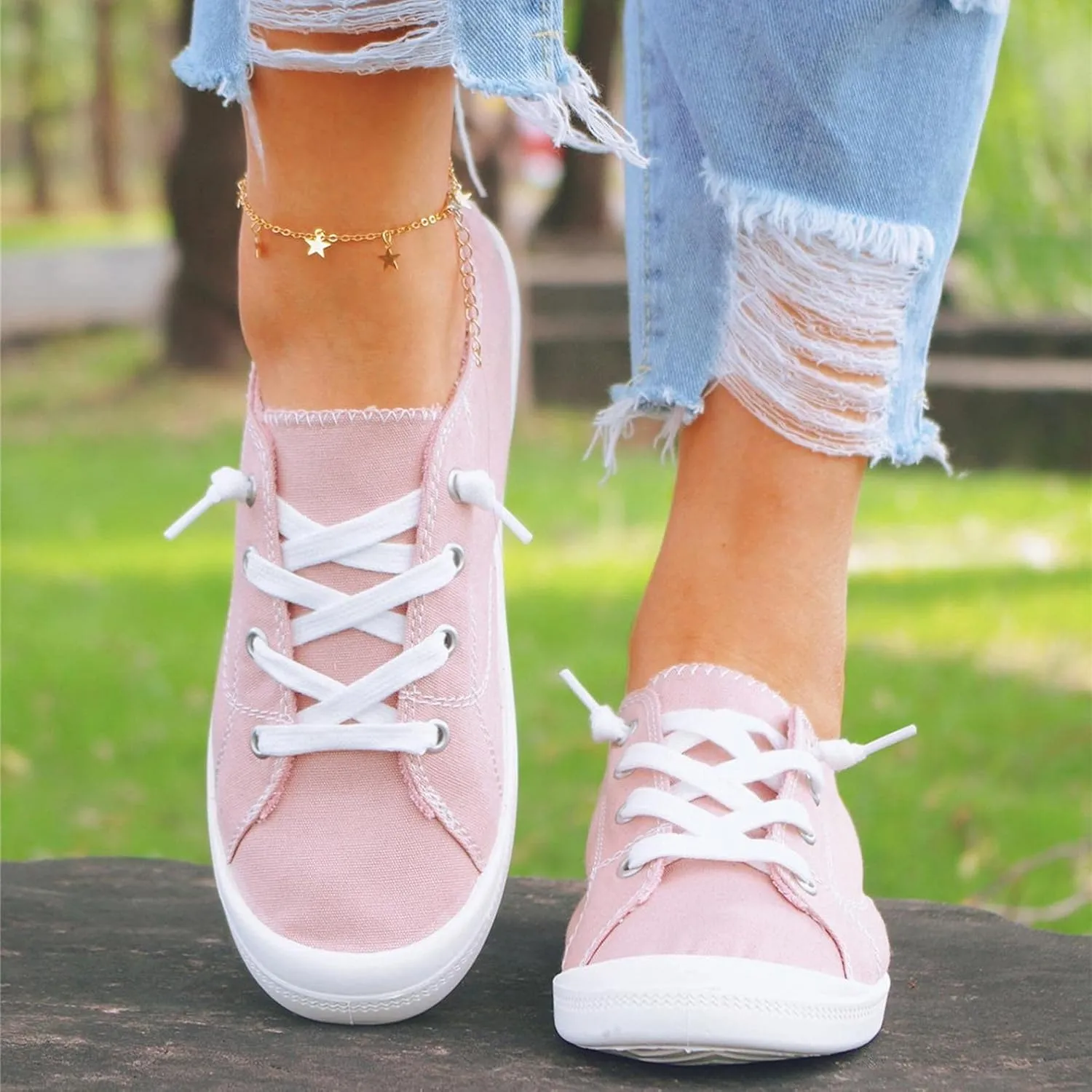 Hbeylia Low Top Canvas Shoes For Women Lady Girls Casual Soft Comfort Lace Up Fashion Sneakers Slip On Flats Walking Driving Running Outdoor Sports Shoes For Students