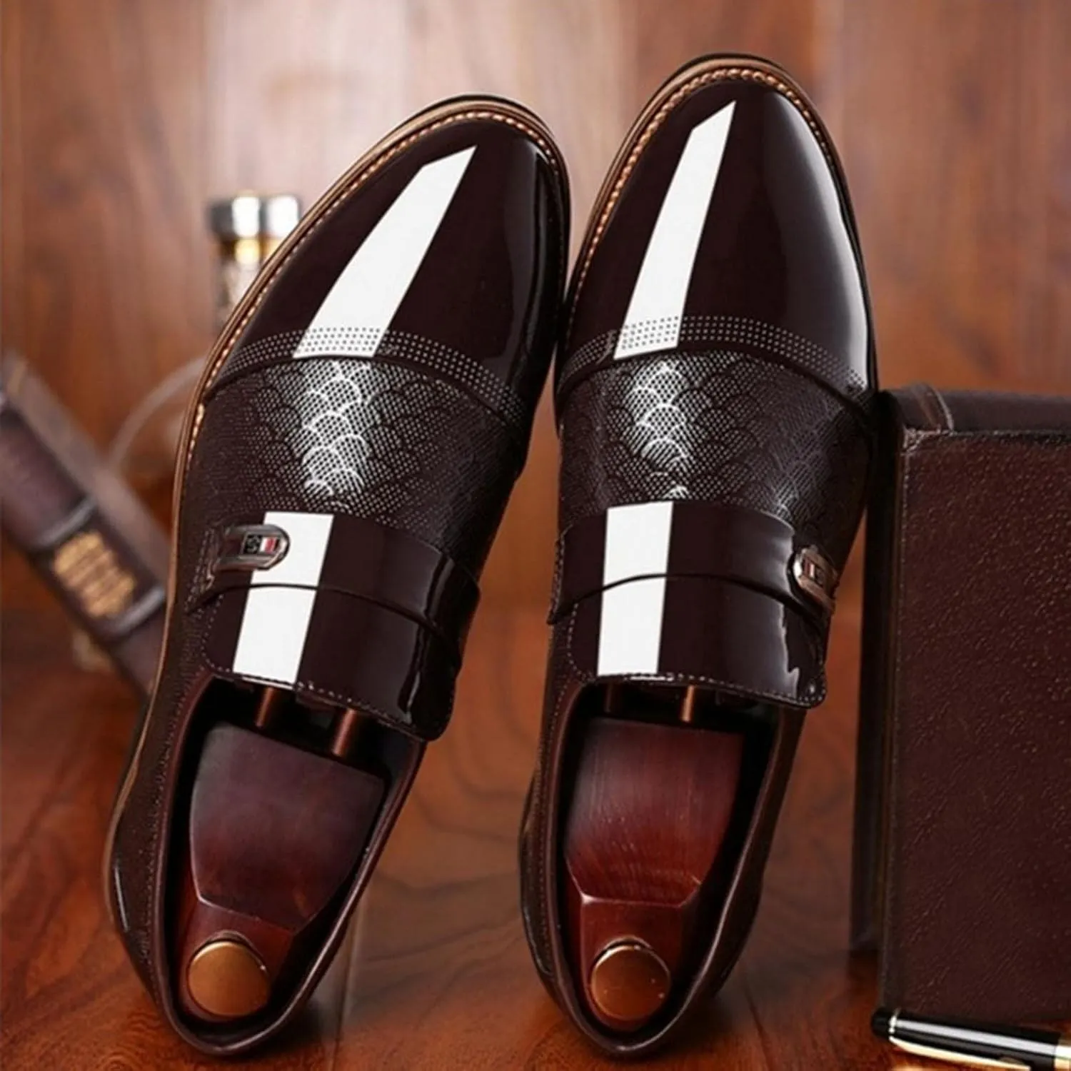 Hbeylia Men's Prince Classic Modern Formal Oxford Wingtip Dress Shoes Fashion Leather Slip On Pointed Toe Formal Business Shoes Tuxedo Modern Derby Shoes For Men Business Office Work Wedding