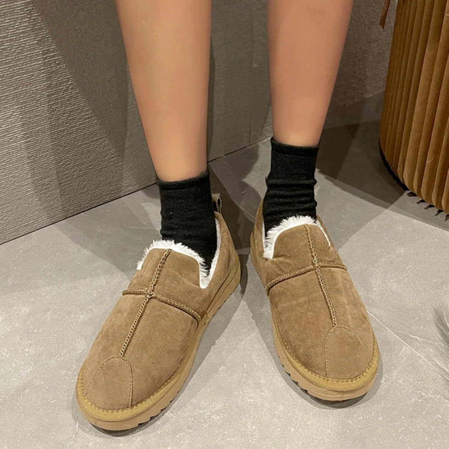 Hbeylia Slip On Loafers Boots For Women Fashion Casual Soft Cozy Warm Suede Plush Fur Lined Slip-On Flats Non Skids Ankle Booties Walking Driving Shoes Fashion Sneakers Short Boots With Fleece Lining